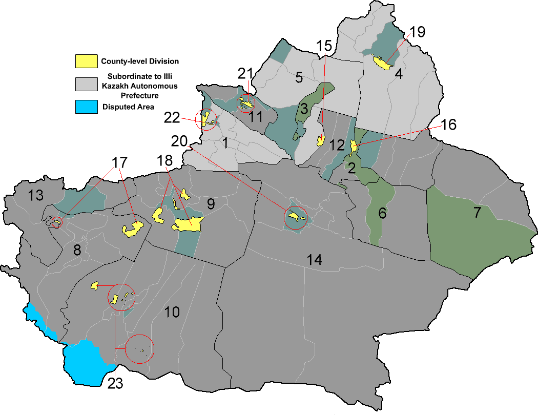 Map of prefectures of Xinjiang Autonomous Region. Regions highlighted in yellow are autonomous prefectures that are directly under the jurisdiction and administration of the Xinjiang Production and Construction Corps (Chinese: 新疆生产建设兵团; pinyin: Xīnjiāng Shēngchǎn Jiànshè Bīngtuán), known as XPCC or Bingtuan (兵团; Bīngtuán) for short. Along with the Construction Corps sent to Heilongjiang (Manchuria), Yunnan, Inner Mongolia, and Fujian under the PRC regime, the Construction Corps in Xinjiang was one of the state-owned, para-institutional military enterprises that were dispatched to the frontiers of China for regional and ethnic development. The XPCC is the only surviving Corporation Corp in the PRC today.