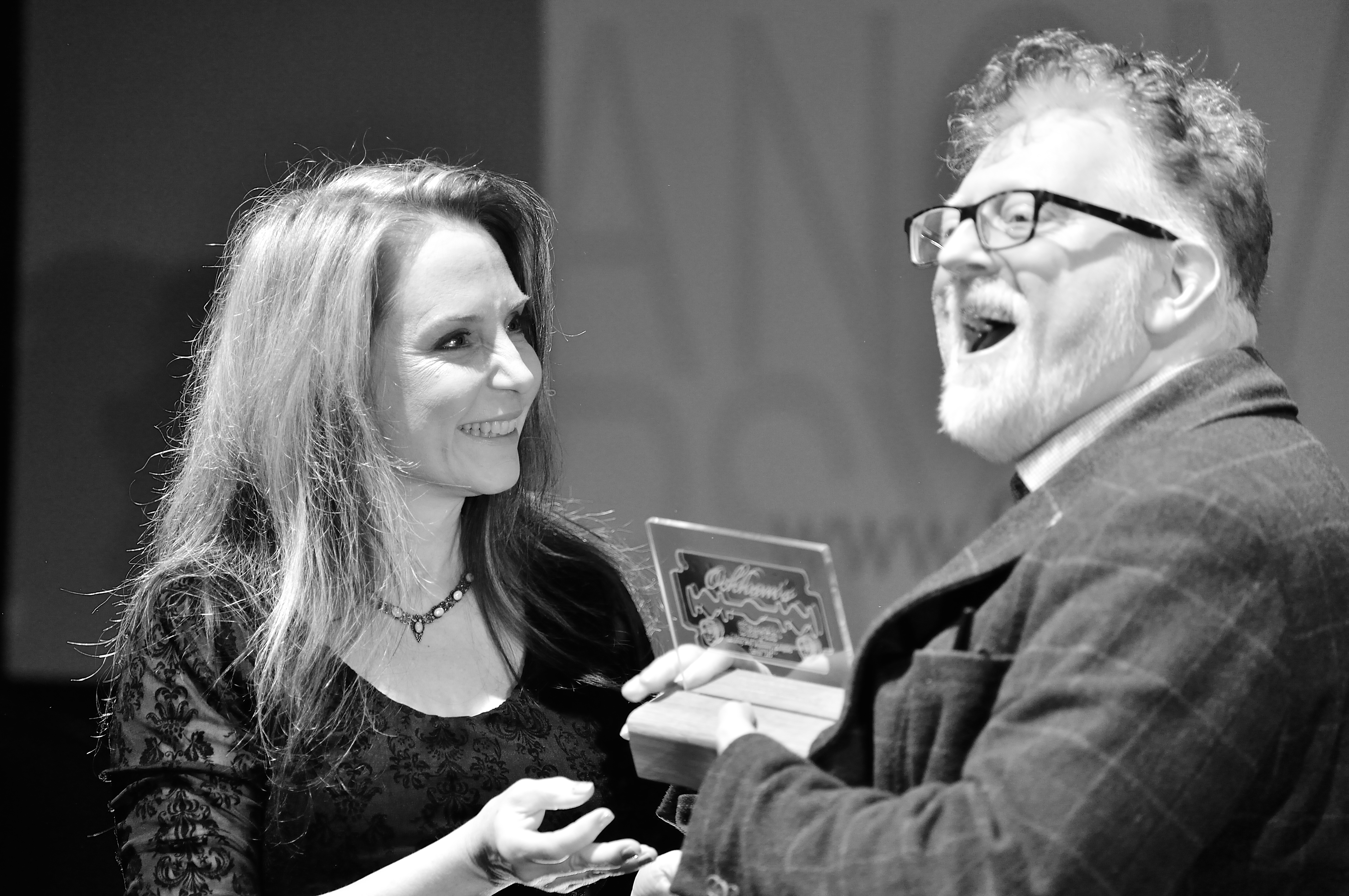 Crispian Jago receiving the Ockham Editor's Choice Award from presenter Deborah Hyde at QED 2016.
