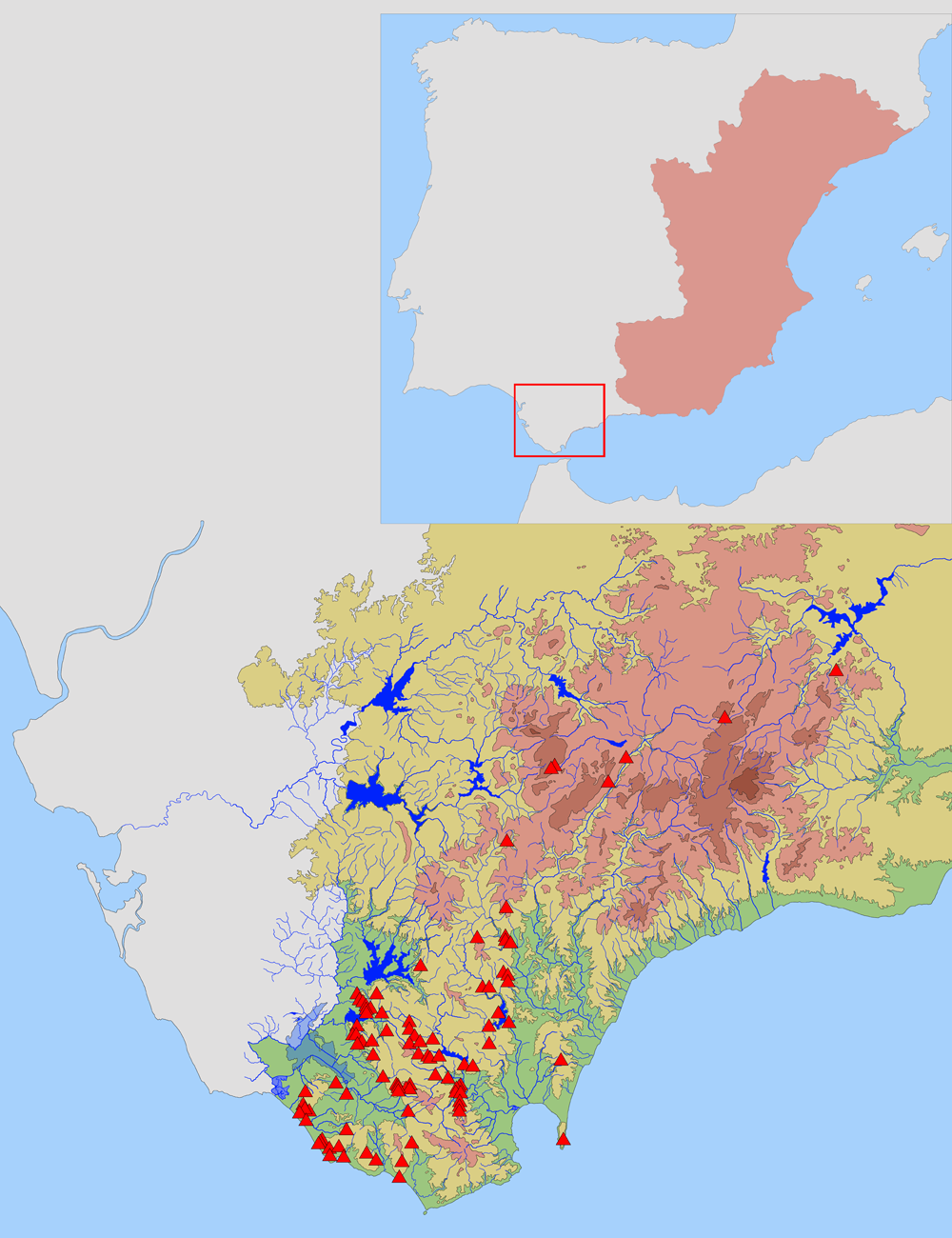 Indicative map of the main rock shelters and location (in red) in relation to the Rock Art of the Iberian Mediterranean Basin (in pink).