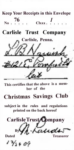 A Christmas Savings Club booklet for coupons, signed by Merkel Landis on 12/29/1909