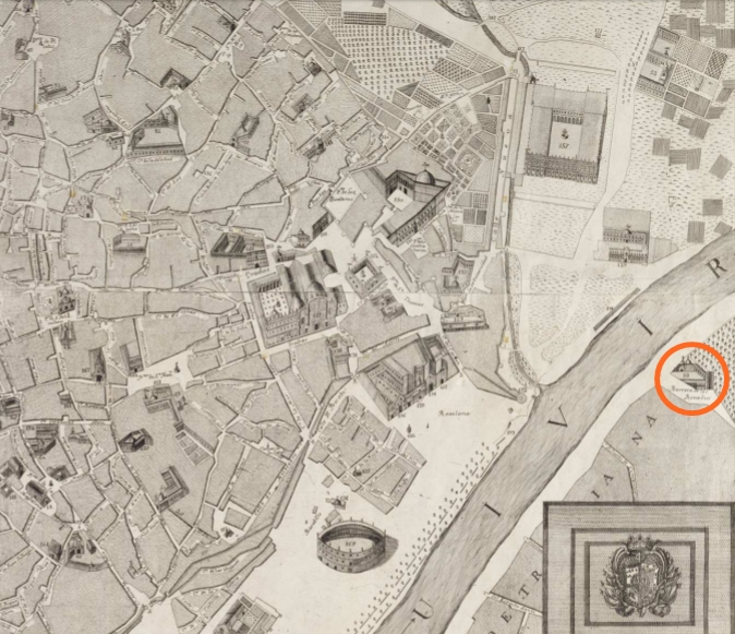 Convento de Nuestra Señora de los Remedios (indicated in orange). Plane of Seville of the mayor Pablo de Olavide of 1771.
