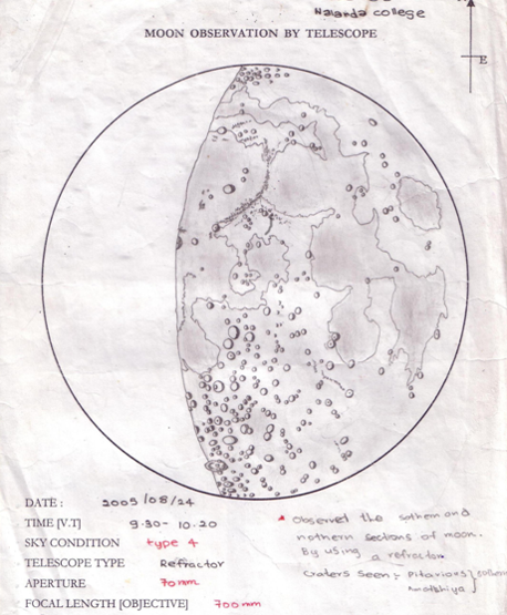 Drawing of the moon drawn during an observation session. Drawing of the moon drawn during an observation session.