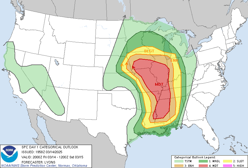 The SPC Day 1 convective outlook for March 14, 2025, at 2000Z, showing the widespread risk of severe weather across the Mississippi Valley and Southeastern United States.