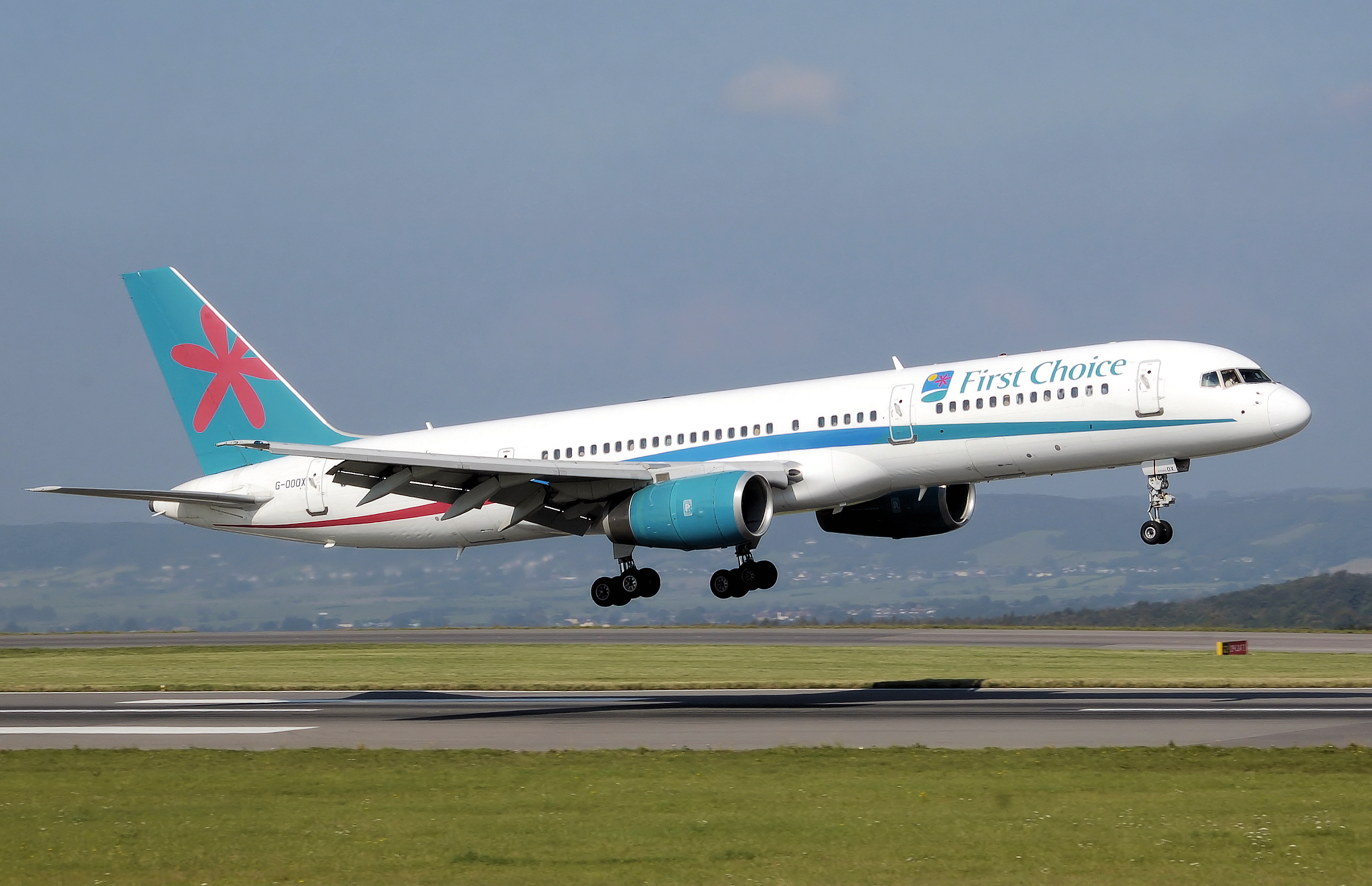 A First Choice Airways Boeing 757-200 landing at Bristol Airport, England. (2008)