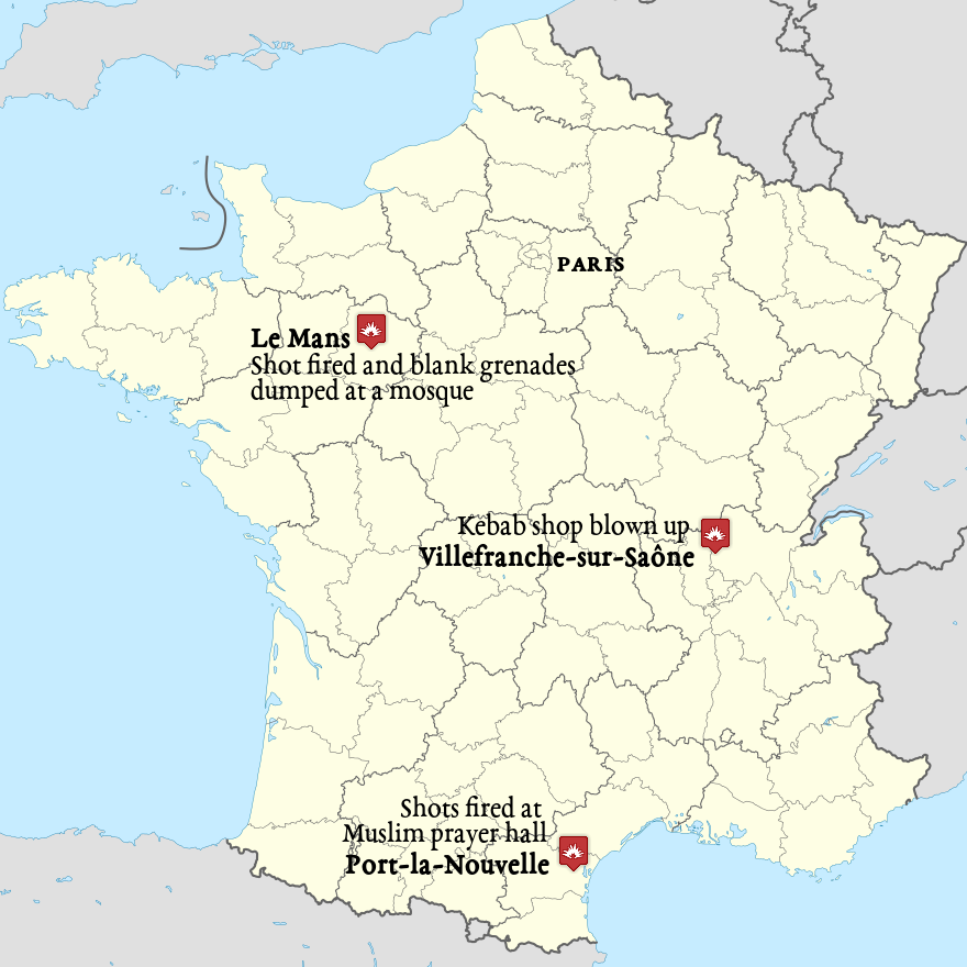 Two mosques and one Muslim-owned business were attacked in France in January 2015