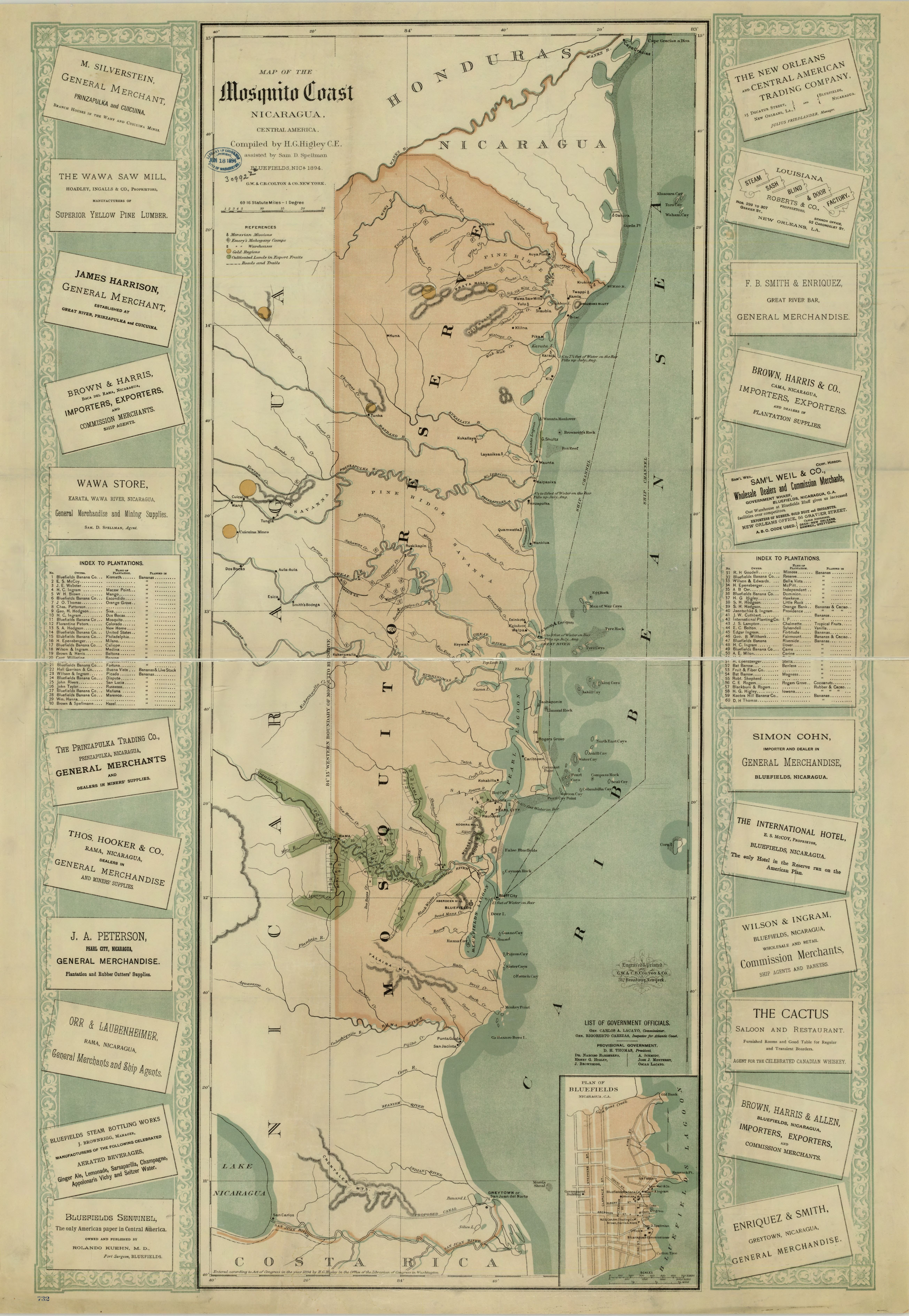 Map of the Mosquito Reservation showing Pearl City and neighbouring settlements of Haulover and Raitipura in Pearl Lagoon, (1894)