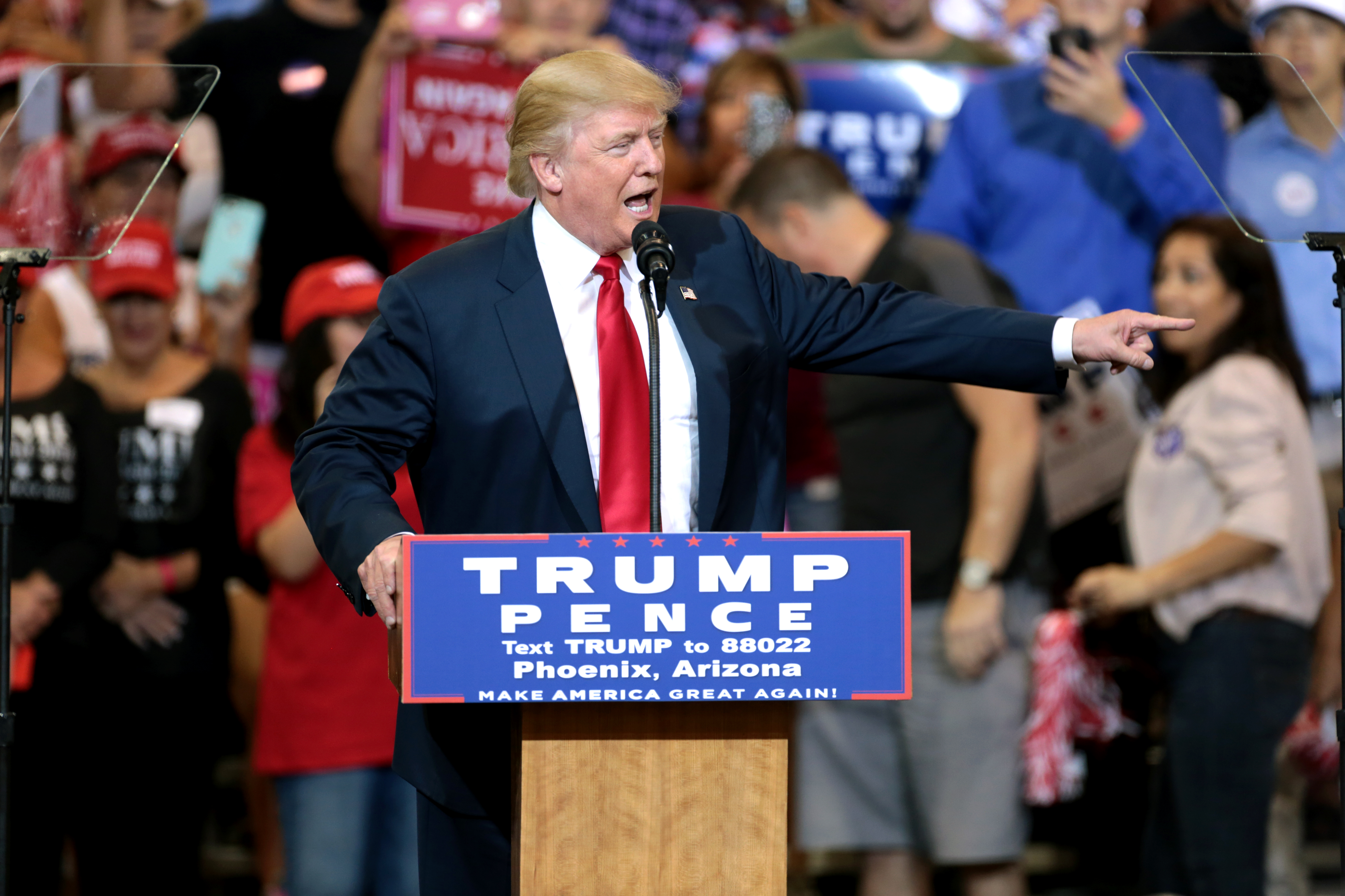 Donald Trump campaigning in McCain's home state of Arizona in 2016. He would win the state in the 2016 U.S. presidential election, then lose it in the 2020 election, a flip based in part on his insults towards the since-deceased McCain. He won the state again by an even bigger margin in 2024.