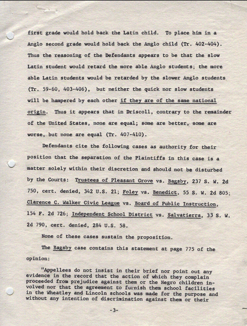 A legal document from the Hernandez v. Driscoll CISD case with arguments against the segregation of Mexican-American students in Texas schools.