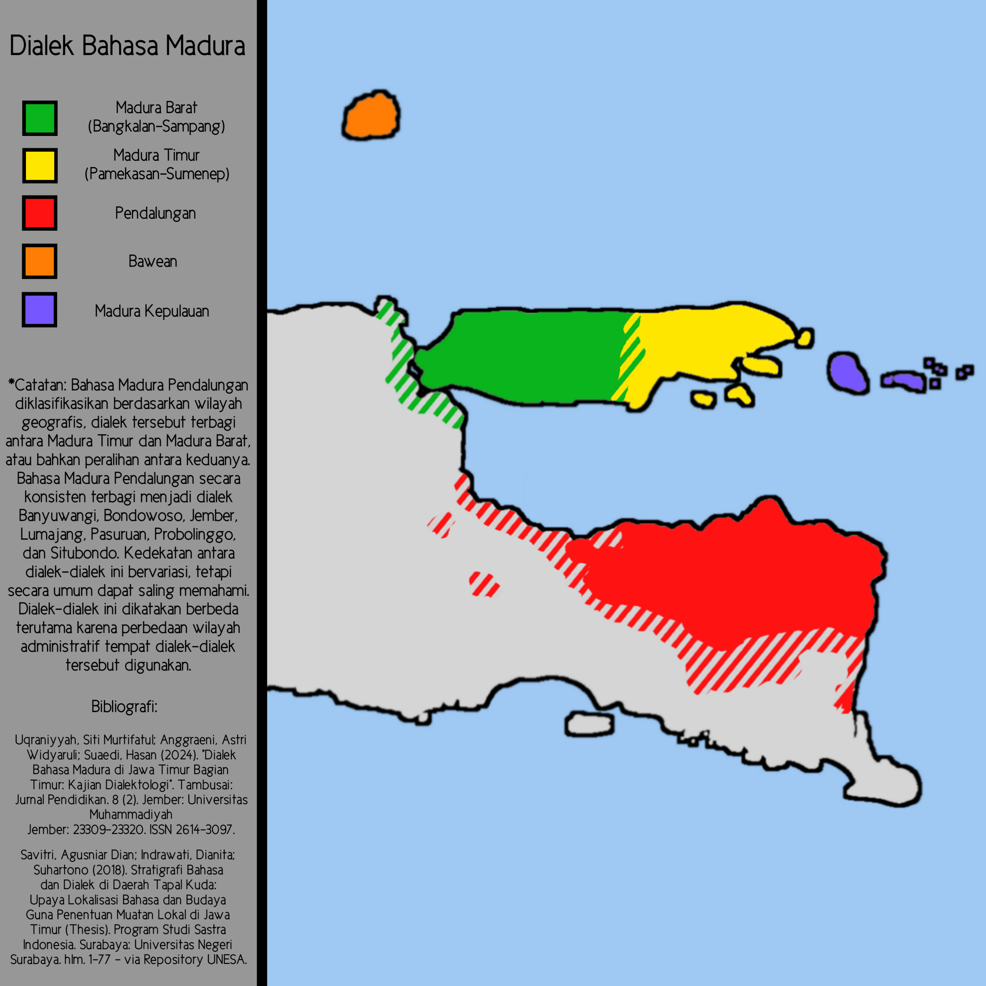 Distribution of Madurese dialects, Situbondo Madurese is included in Pendalungan dialect chain (red).