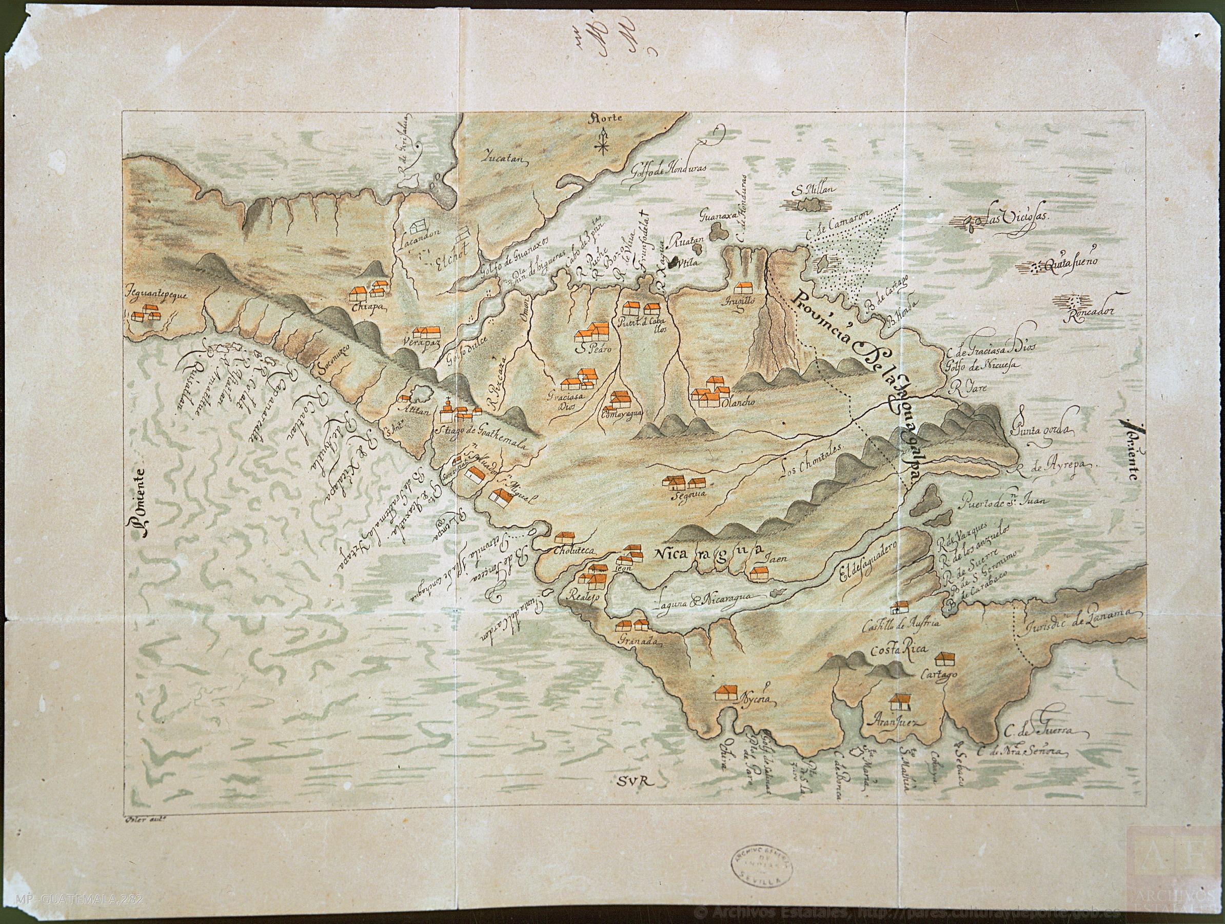 1690 Spanish map that illustrates the territorial extent of the Spanish-designated Taguzgalpa, stretching from Cape Camarón to the Desaguadero River or San Juan, as indicated in the Capitulación of February 10, 1576. The territory is marked with a fine black line.