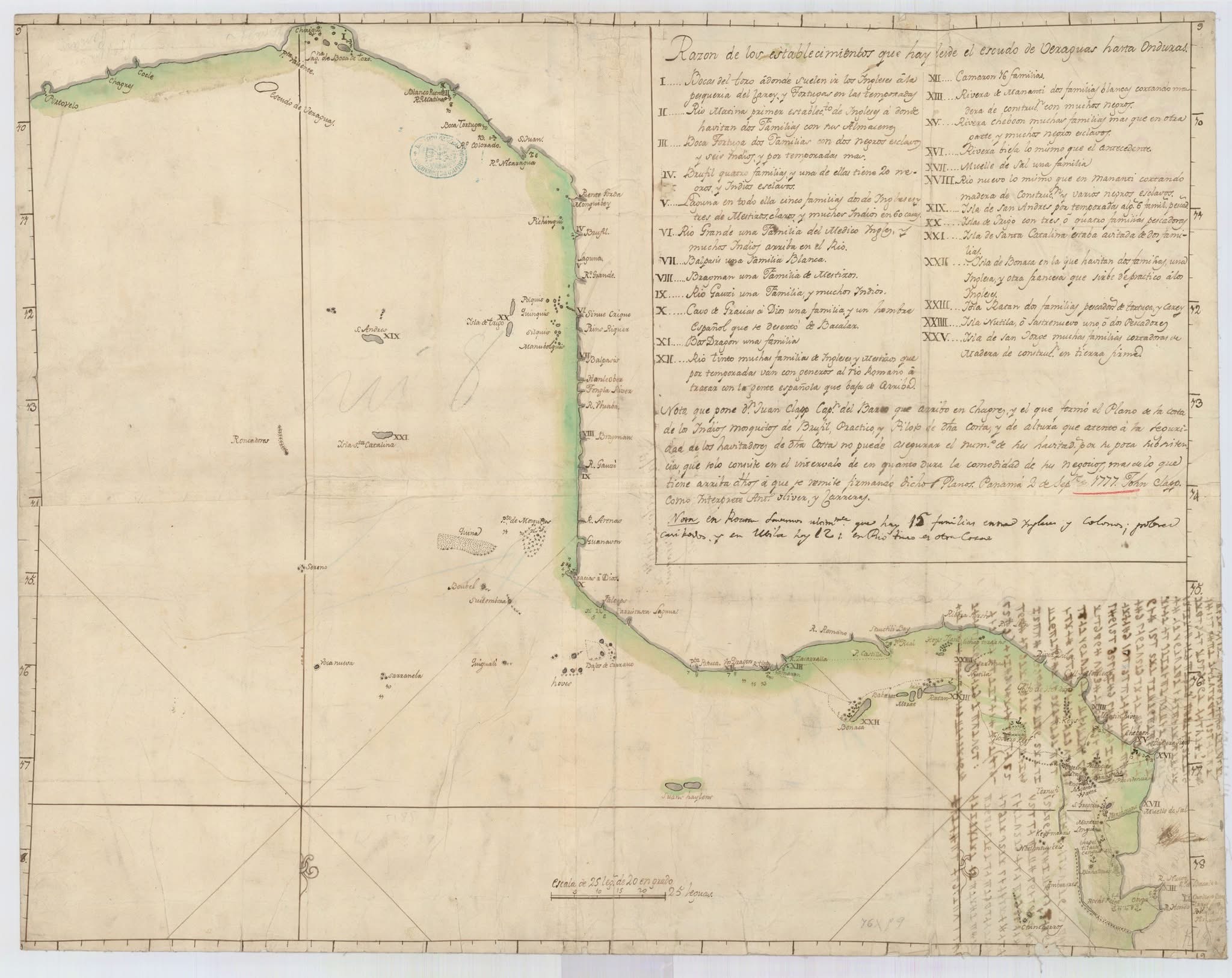 Spanish map showing the coastal settlements of Mosquitia (1777)