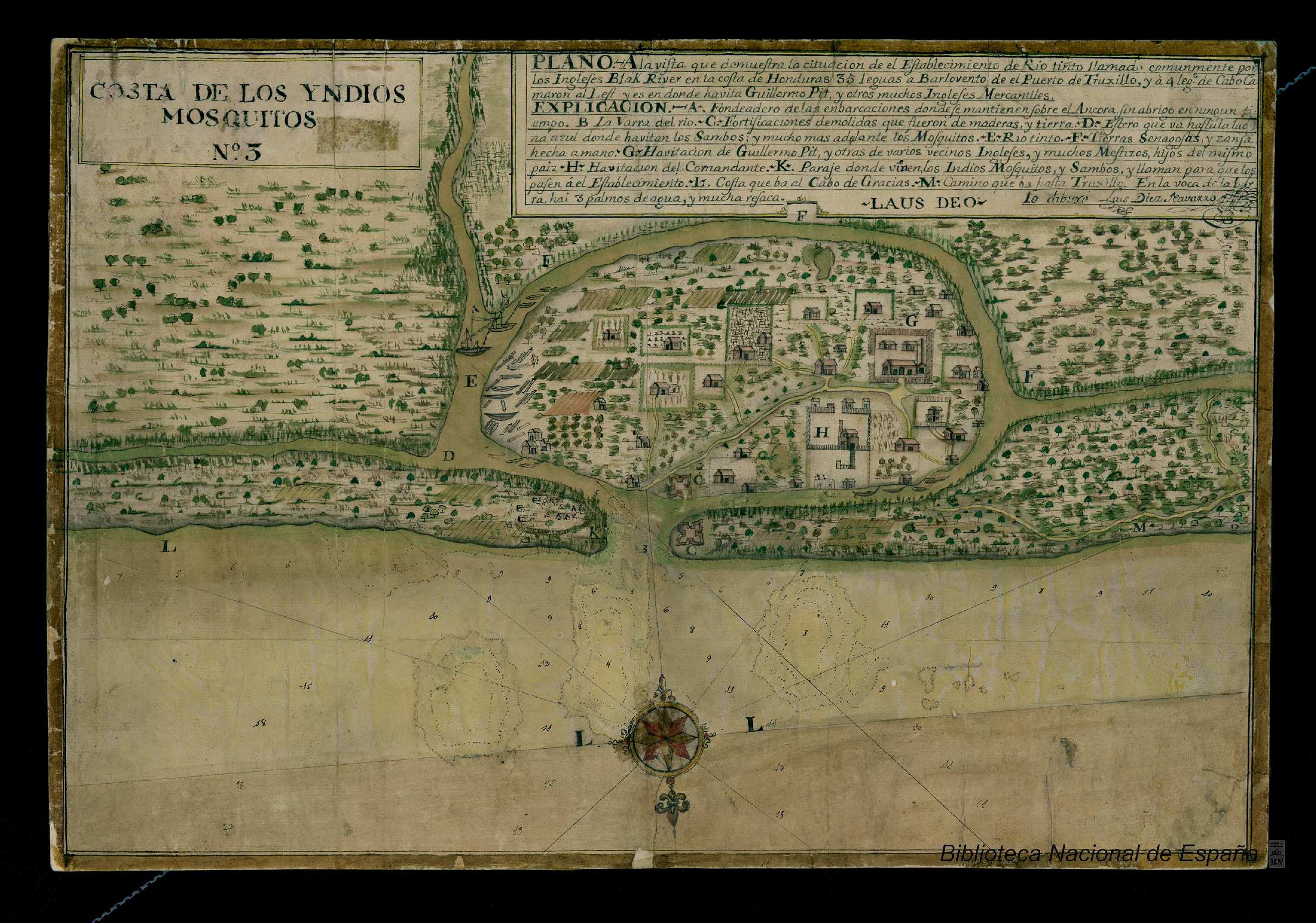 Spanish map by Luis Diez Navarro from 1765 showing the main British settlement at Black River in Mosquitia. Spanish map by Luis Diez Navarro from 1765 showing the main British settlement at Black River in Mosquitia.