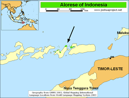 Distribution of Alorese language speakers in the Alor Archipelago, Indonesia.