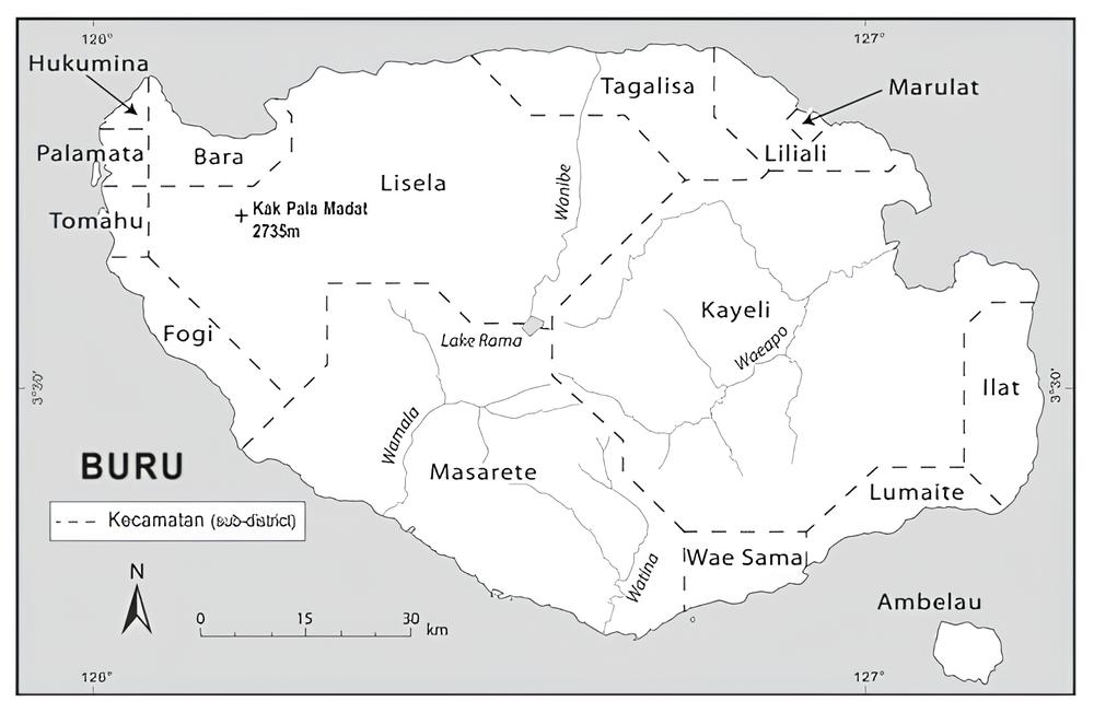 Buru Island with its territorial division in 1850, the distribution of the Rana people is around Lake Rana in the middle of the island.