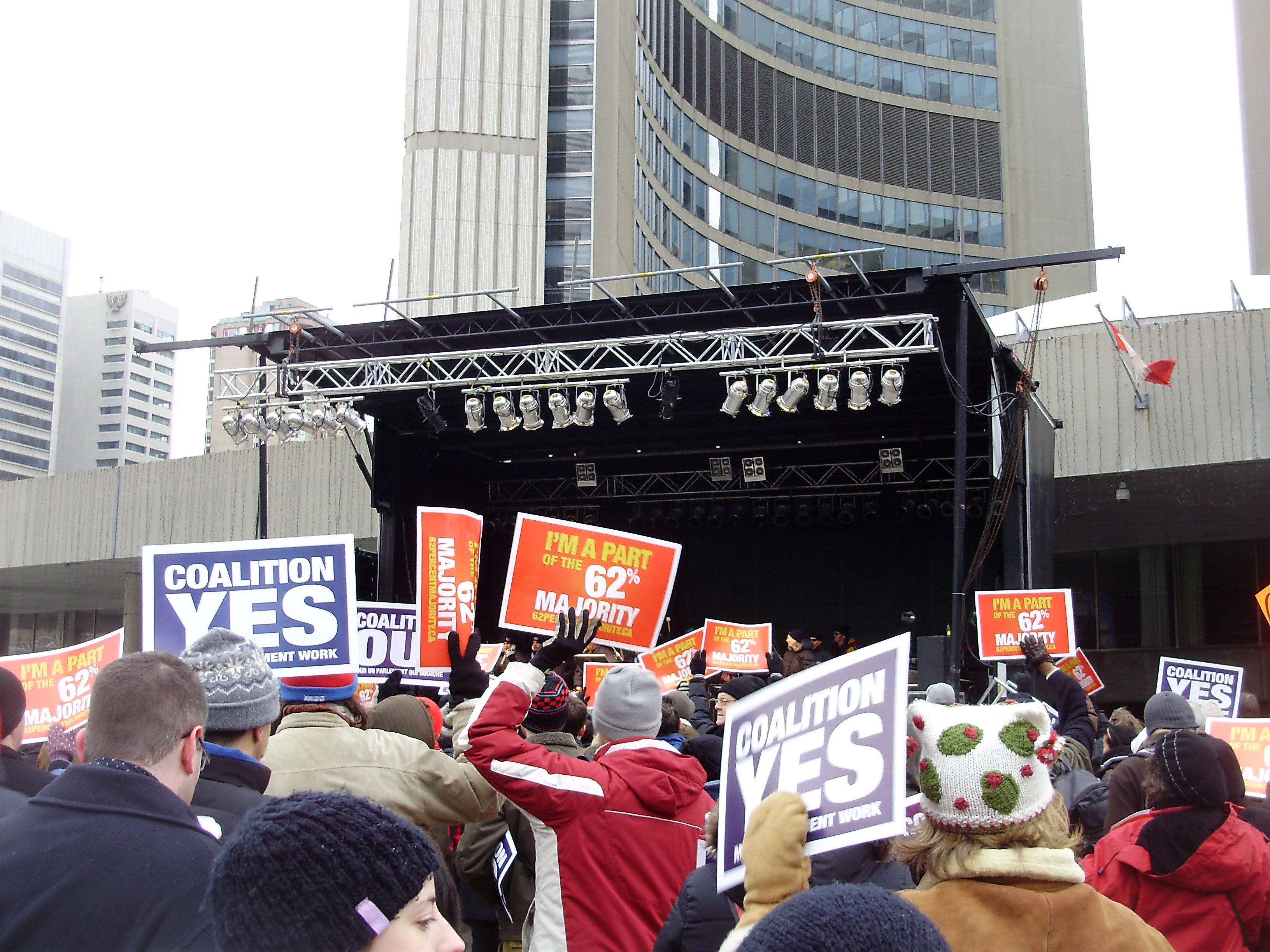 The pro-coalition rally in Toronto was held in Nathan Phillips Square, at the foot of Toronto City Hall, and featured Stéphane Dion and Jack Layton as speakers. The pro-coalition rally in Toronto was held in Nathan Phillips Square, at the foot of Toronto City Hall, and featured Stéphane Dion and Jack Layton as speakers.