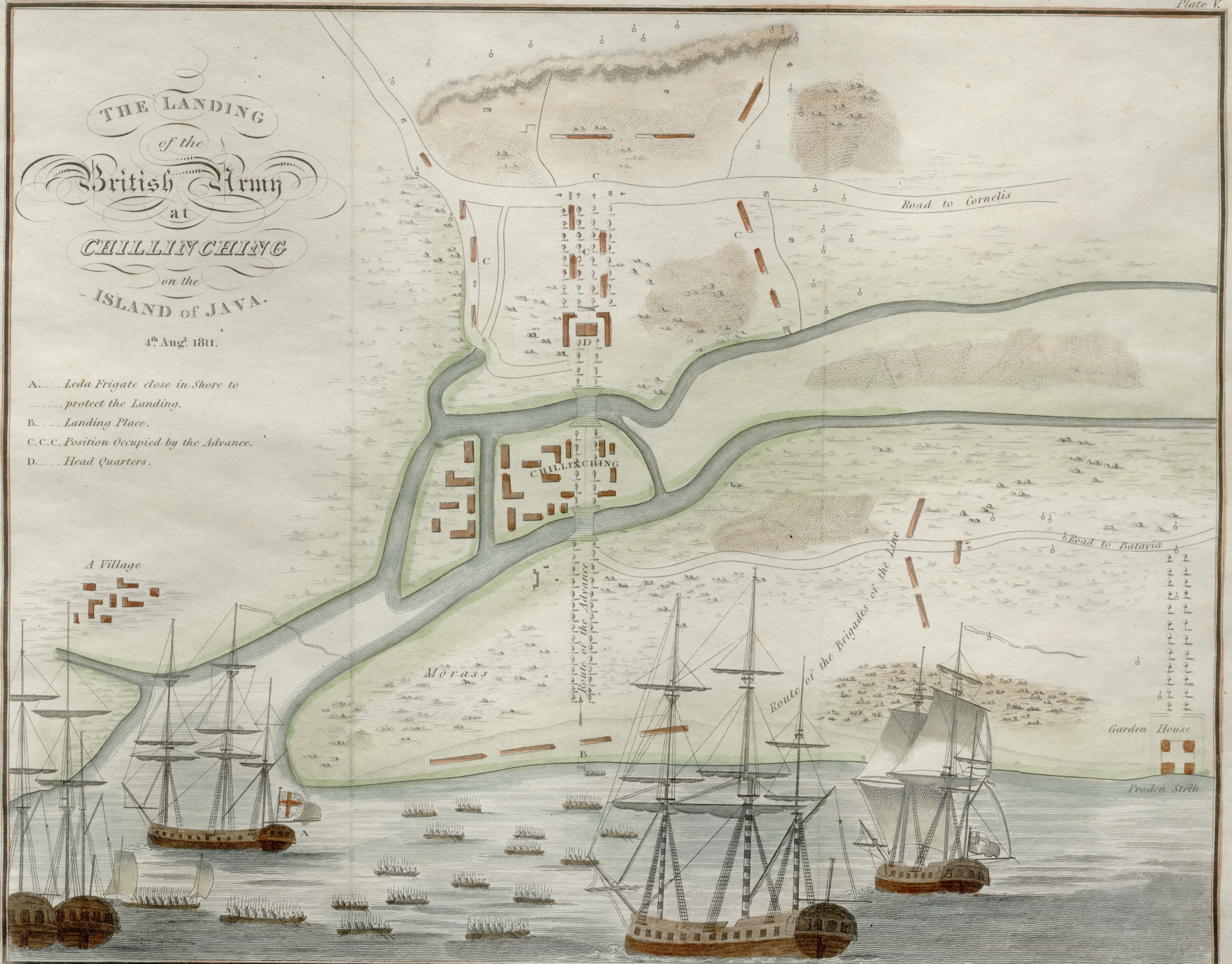 Landing of British troops at Chillingching, 4 August 1811, during the Java campaign in which Higginson served Landing of British troops at Chillingching, 4 August 1811, during the Java campaign in which Higginson served