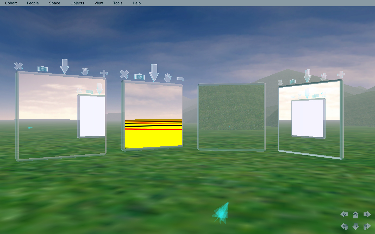 Open Cobalt 3D hyperlinks connecting five different virtual spaces. Three-dimensional hyperlinks appear as navigable portals and enable Open Cobalt worlds to be organized by end-users into an interlinked network of virtual spaces across local and wide area networks.