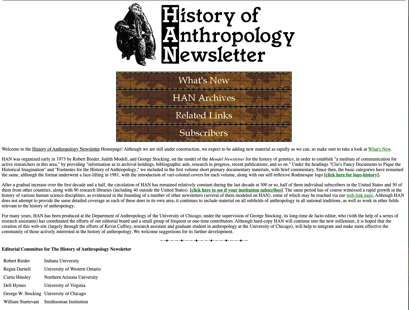 History of Anthropology Newsletter snapshot of the webpage (August 31, 2000)