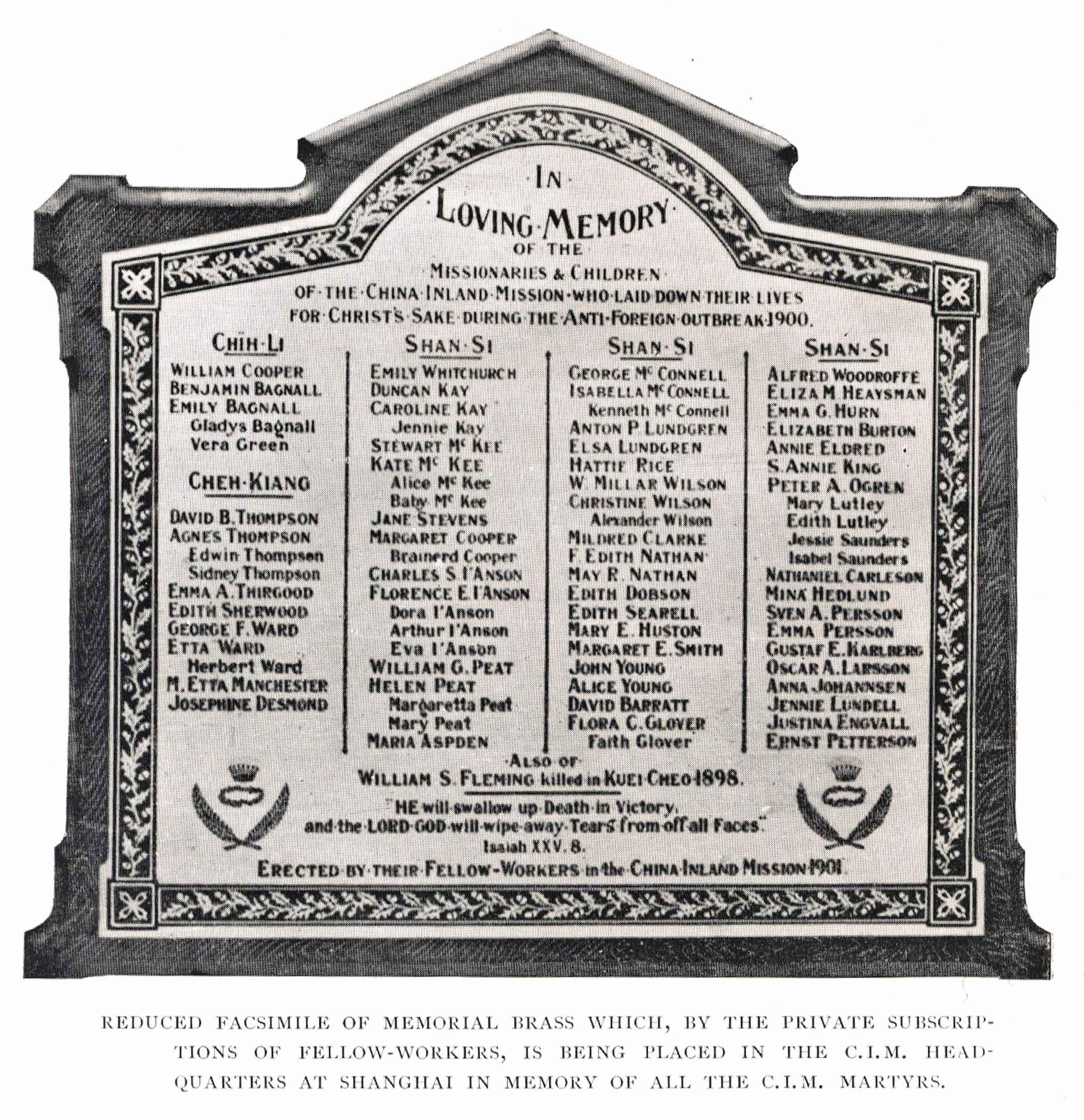 A memorial plaque that lists the names of the C.I.M. victims of the Boxer rebellion.