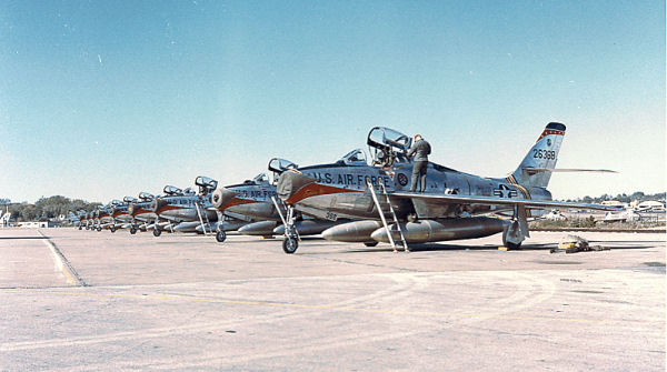 Republic F-84F-30-RE Thunderstreak of the 110th Tactical Fighter Squadron, 131st Tactical Fighter Wing at Toul Air Base - 1961/62. Serial 52-6368 is in foreground.