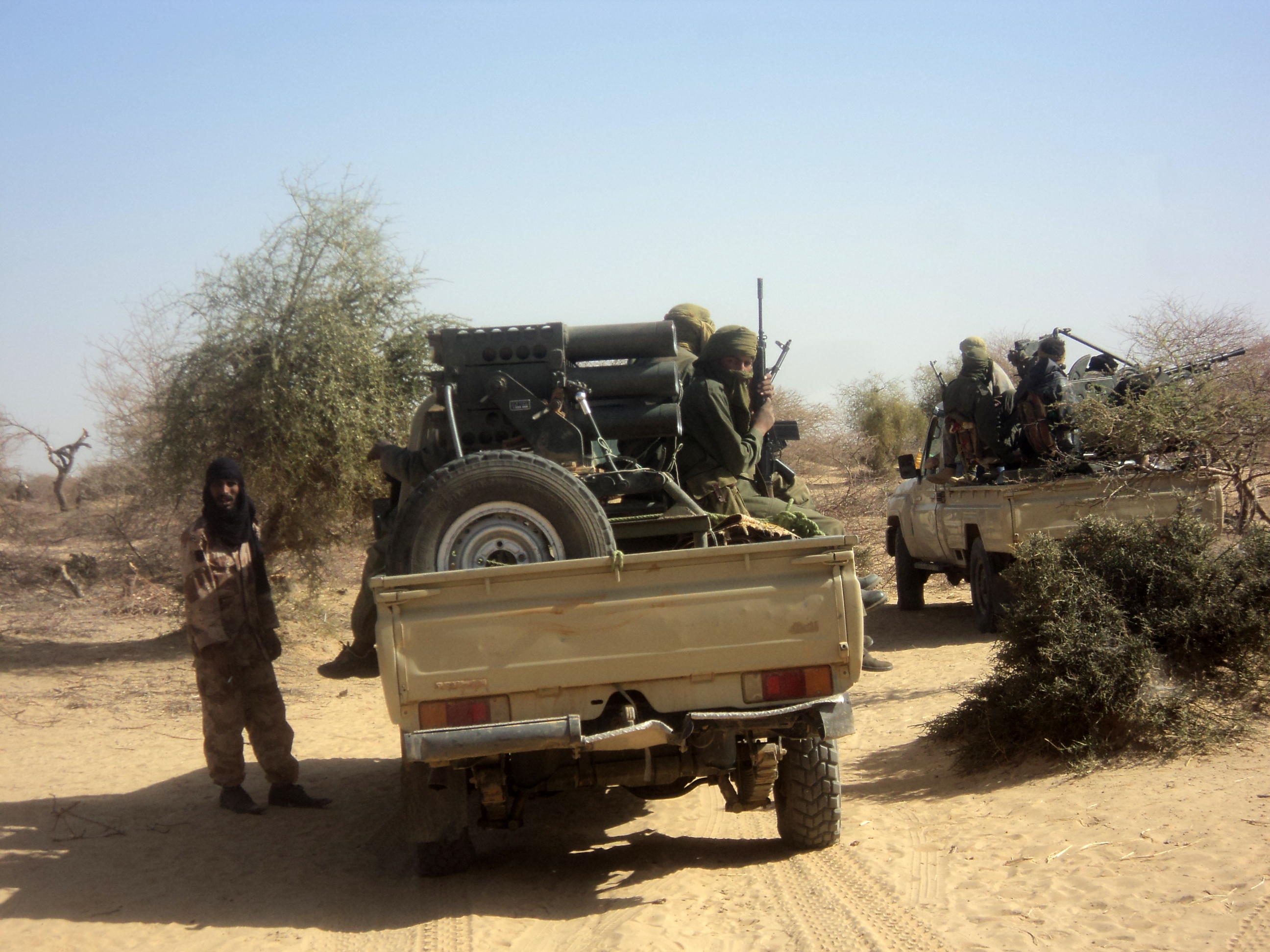 A technical in Mali; the practice of mounting weapons on civilian pickup trucks has been common in conflicts across the Middle East and Africa.