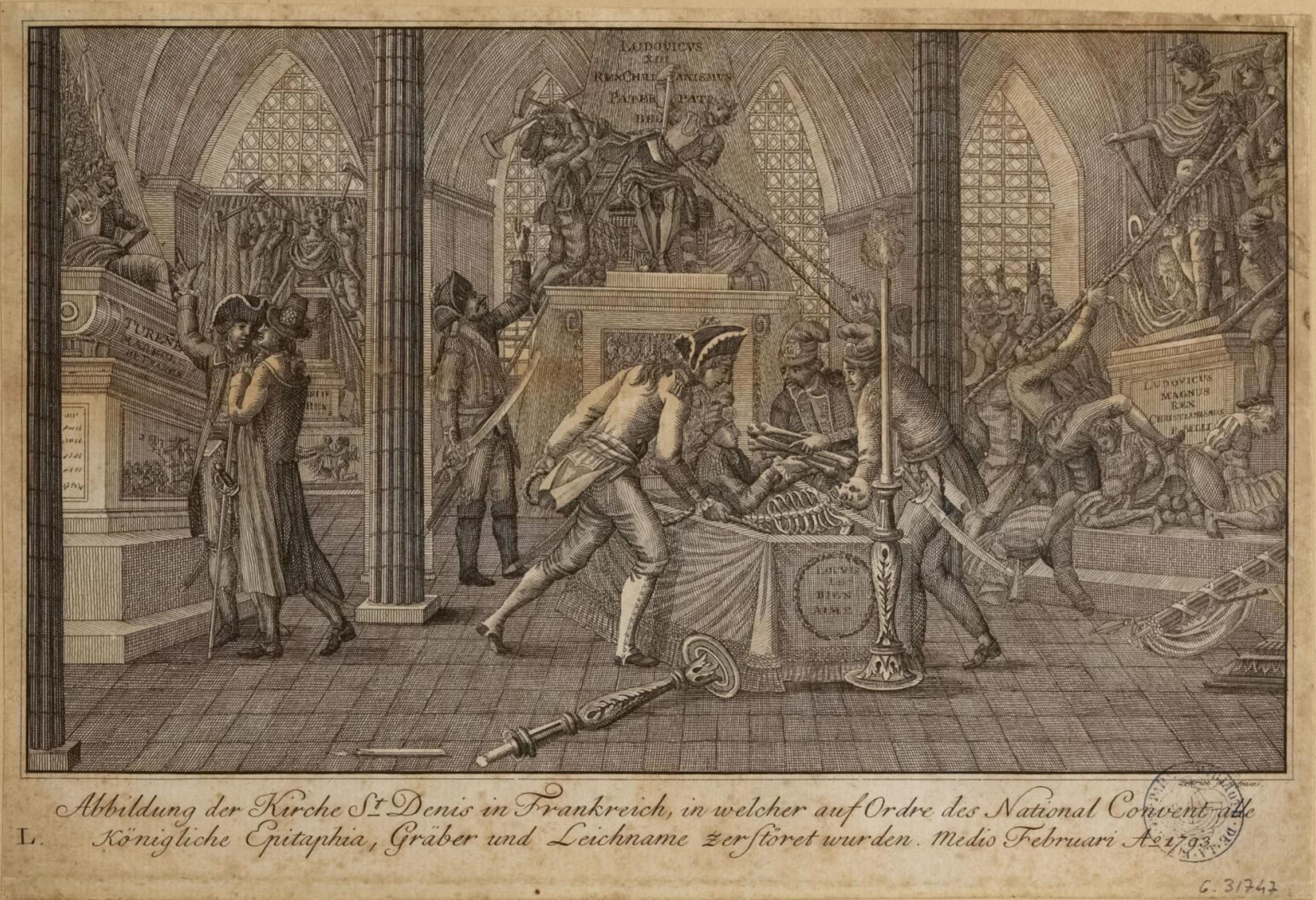 Illustration of the church of St Denis in France, in which all epitaphs, tombs, and royal bodies were destroyed by order of the National Convention.