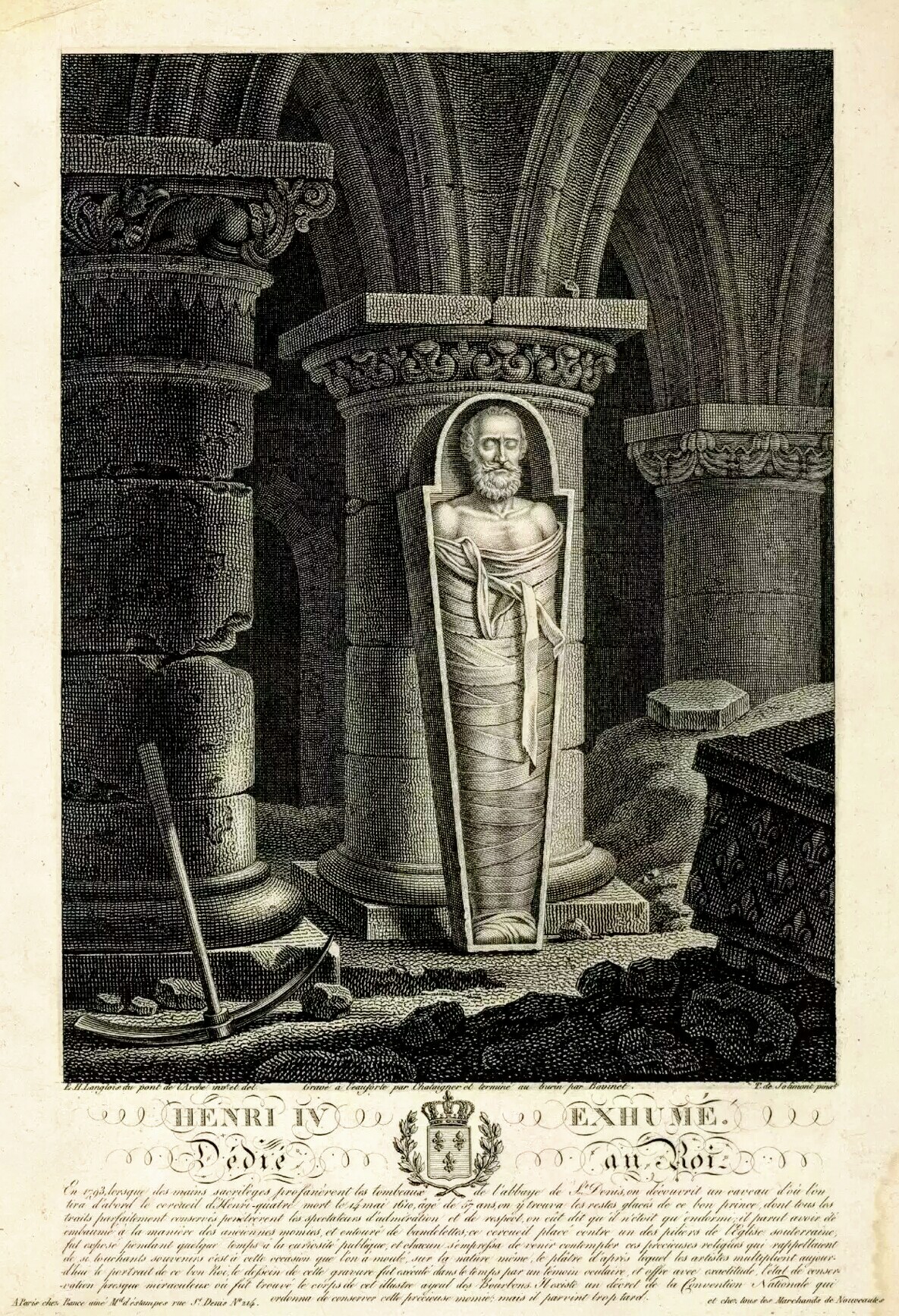 Henry IV exhumed / Dedicated to the King, engraving by Langlois after a painting by François Gabriel Théodore Basset de Jolimont.