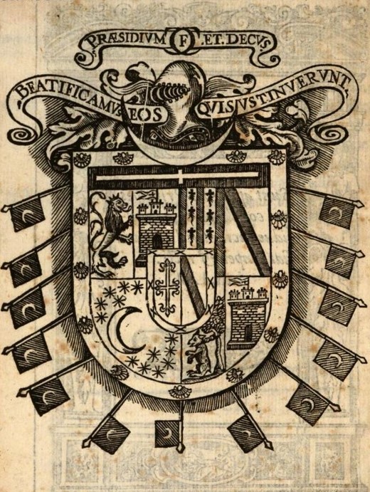 Coat of Arms of Medrano (smaller shield) on top of the coat of arms of Valdeosera (larger shield) as seen in Tomás Fernández de Medrano's República Mista (1602). The Latin script reads: "Protection and Honor. We bless those who have endured."