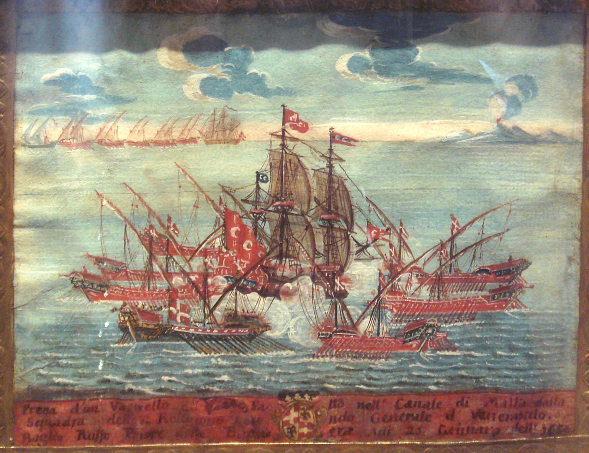 Hospitaller galleys capturing an Ottoman vessel in the Malta Channel in 1652.