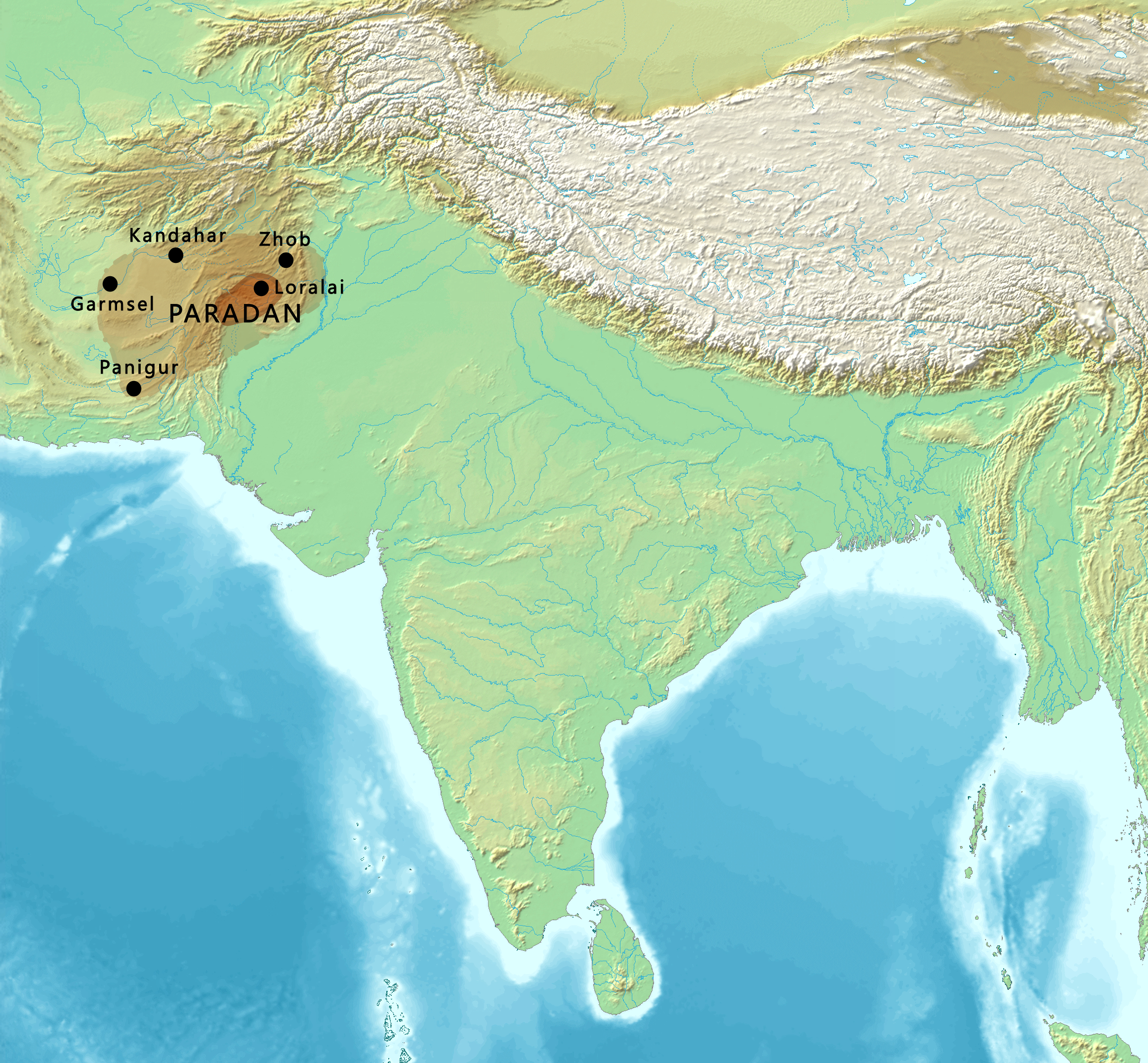 Core territory and possible maximum extent of Paradan, and neighbouring polities in Southern Asia in the 2nd century CE.|200px