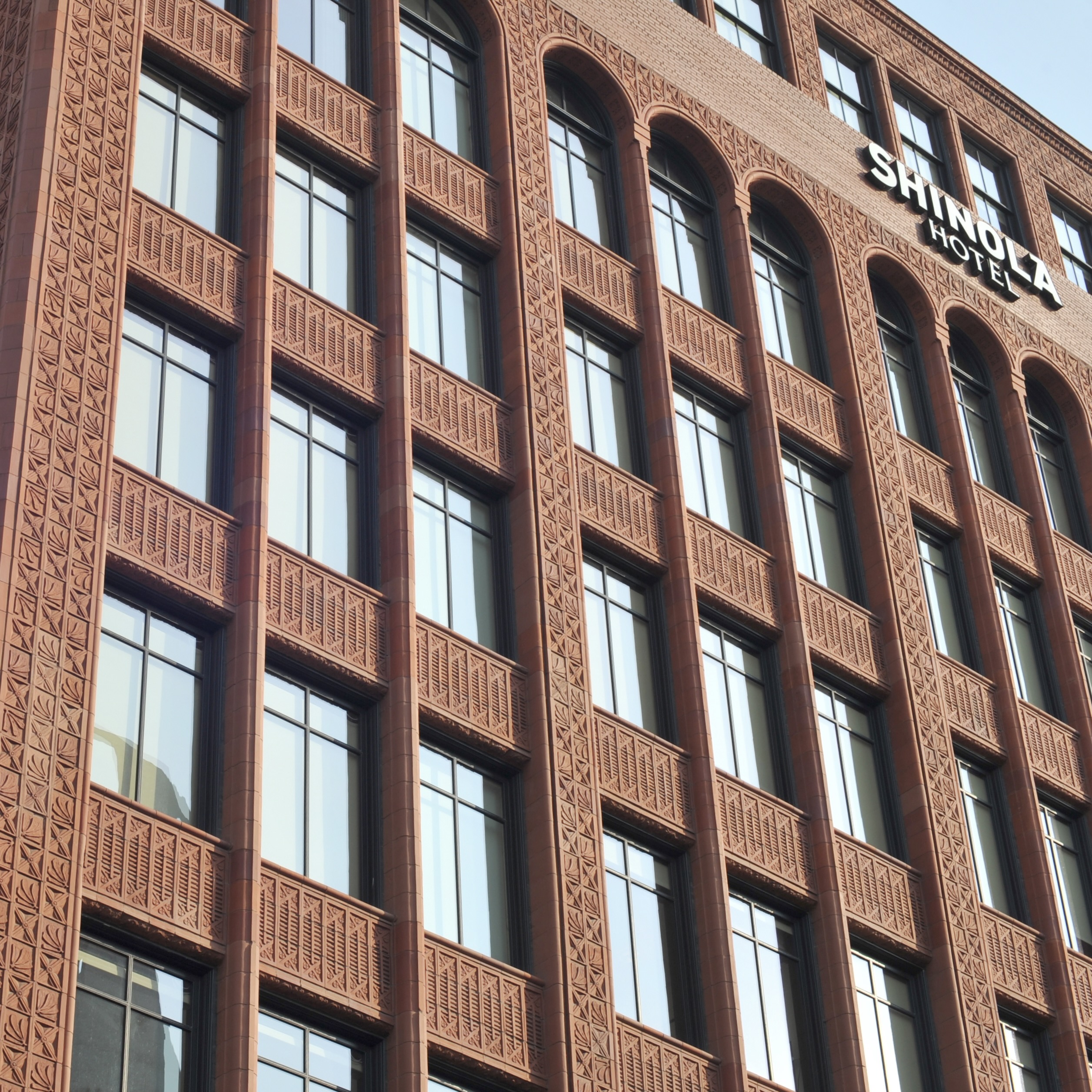 The terracotta facade of the Rayl Building, incorporated into the Shinola Hotel