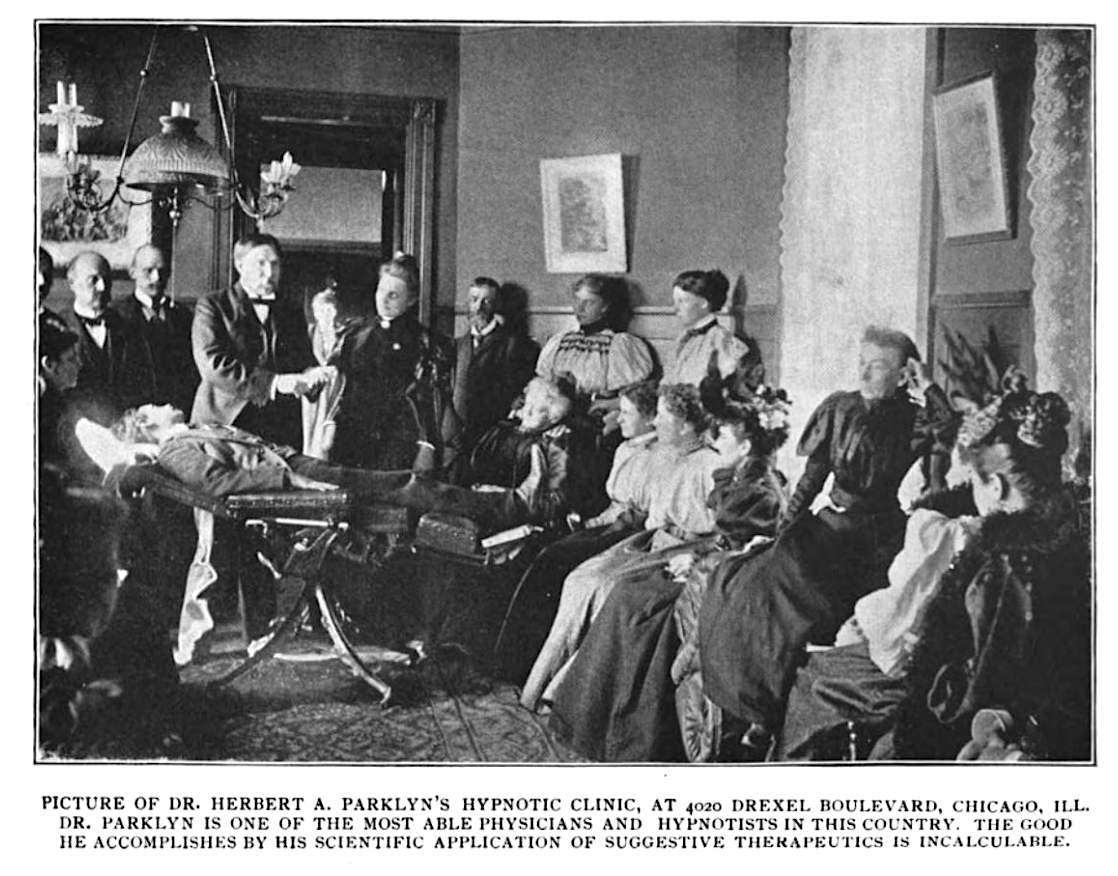 Dr. Parkyn at his Chicago School of Psychology in the X Lamotte Sage book "Hypnotism As It Is" (1897)