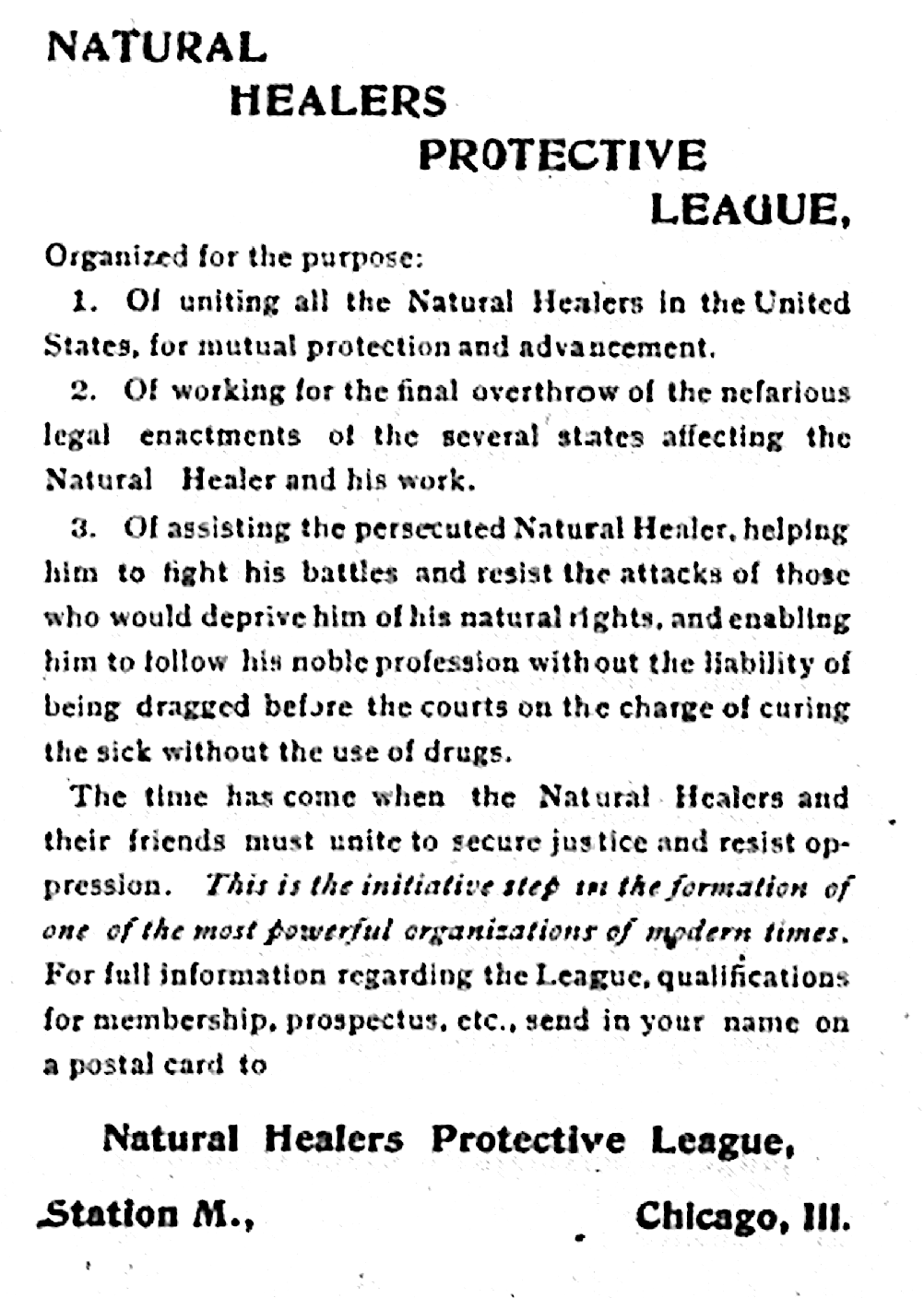 Parkyn's stated goals in Suggestion magazine for the Natural Healers Protection League, Aug. 1900