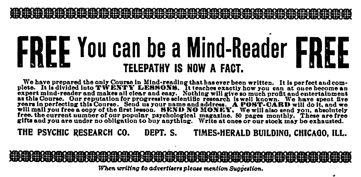 Ad for the course in Suggestion magazine.
