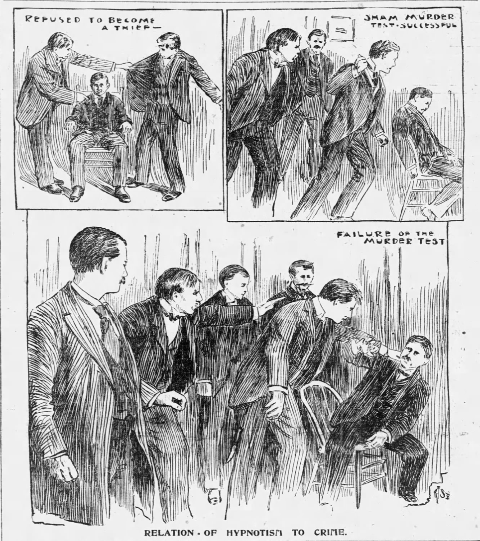In early 1897, Dr. Herbert A. Parkyn conducted a public hypnosis test to demonstrate whether subjects could be compelled to commit crimes, revealing that even in deep trance states, all the subjects refused to follow suggestions to steal or kill.