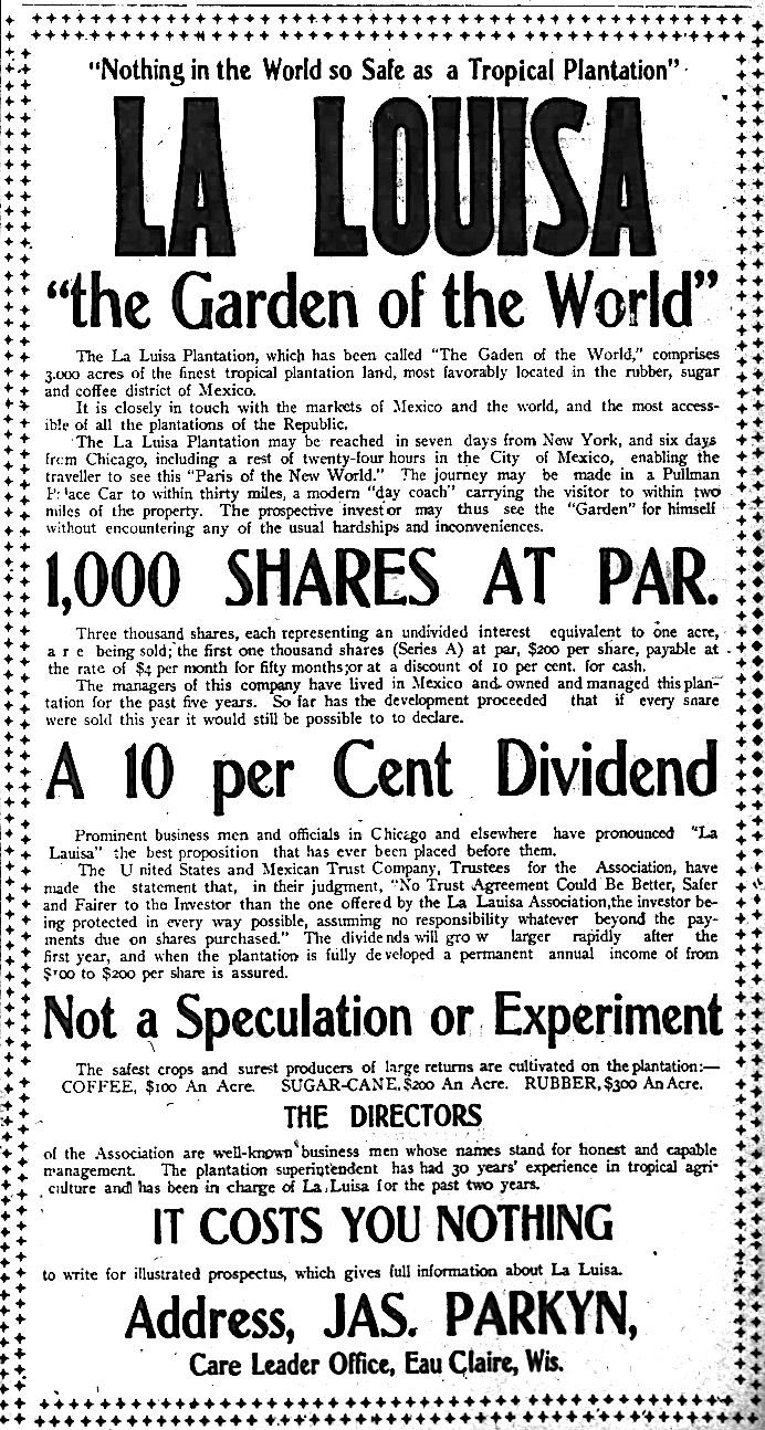 Ad by James Parkyn in his brother-in-law's Eau Claire Leader newspaper