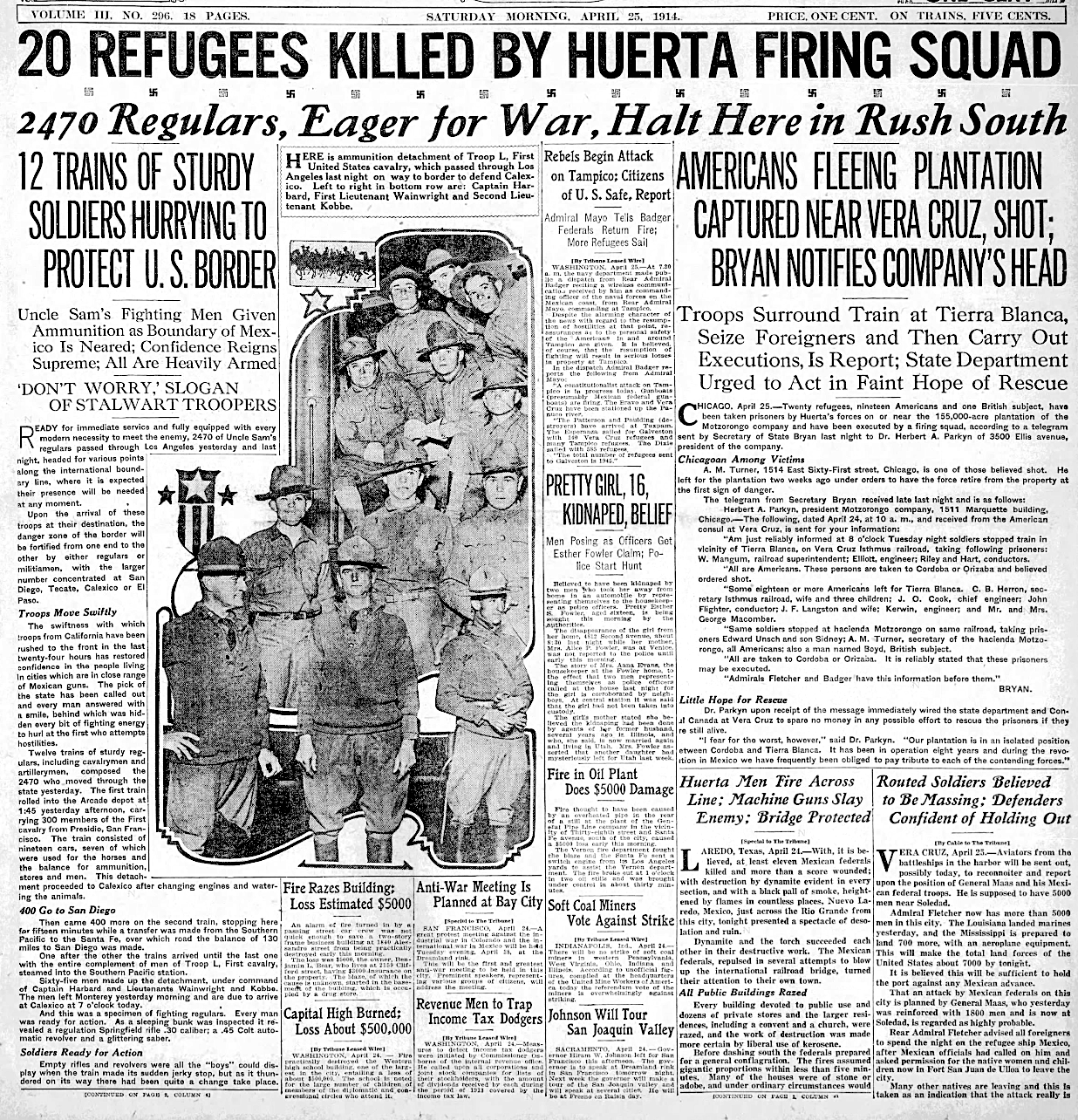 Twenty Americans and one British subject, all associated with the Motzorongo estate, were believed shot by Huerta's soldiers.