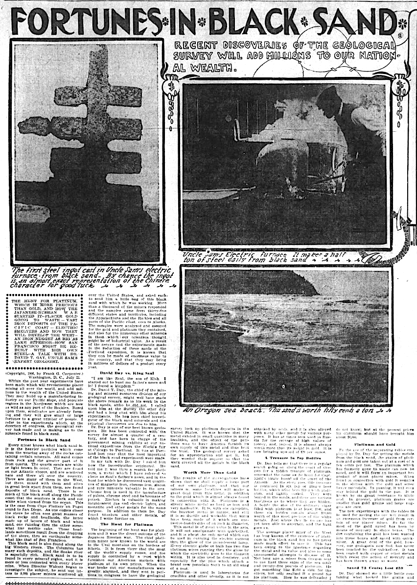 One of the many newspaper articles that flooded the country on the fortunes that can be made from Pacific black sand.