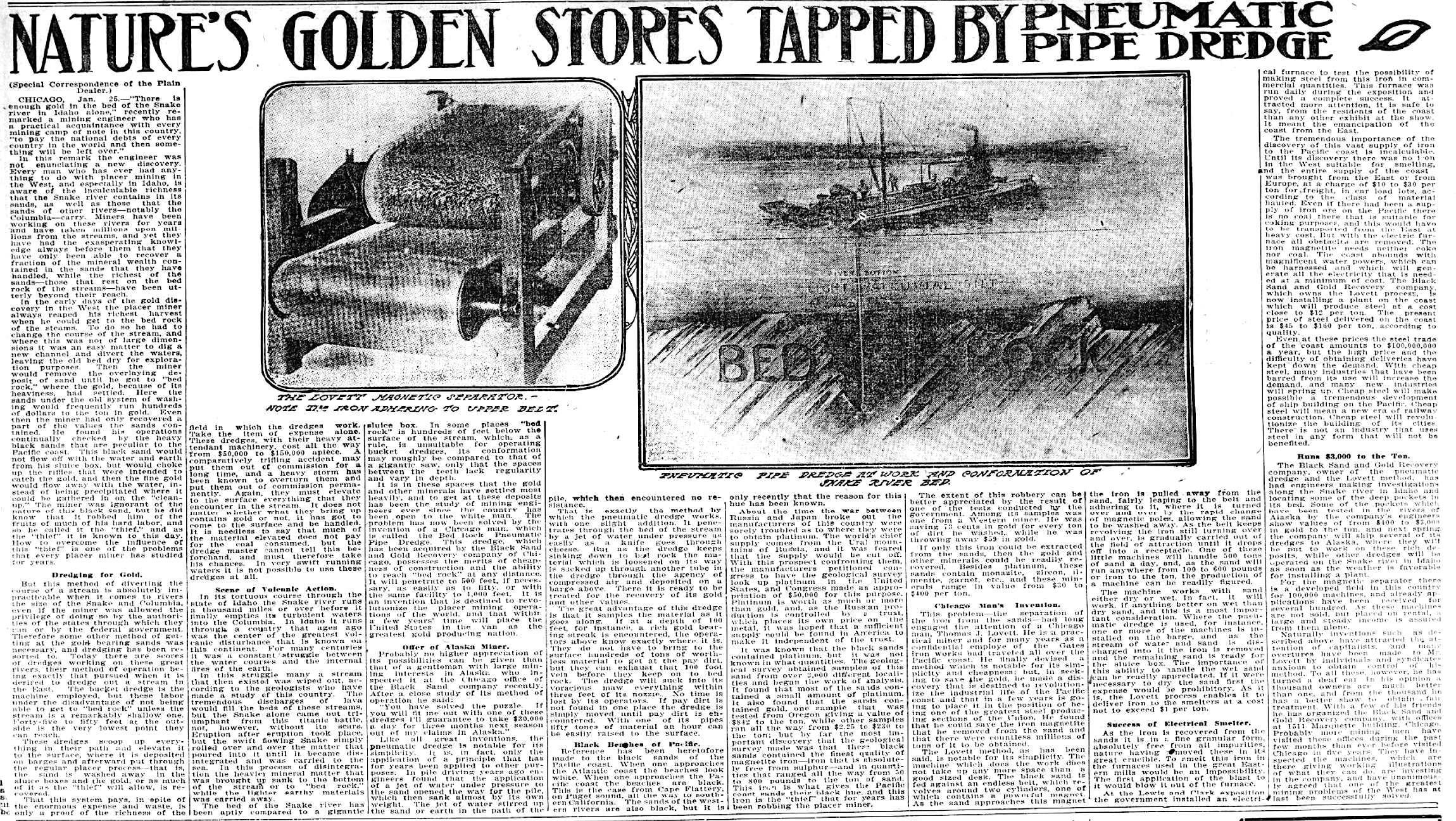 One of the many news articles that appeared across the country about the Lovett system of extracting gold and Iron from the Pacific black sands. One of the many news articles that appeared across the country about the Lovett system of extracting gold and Iron from the Pacific black sands.