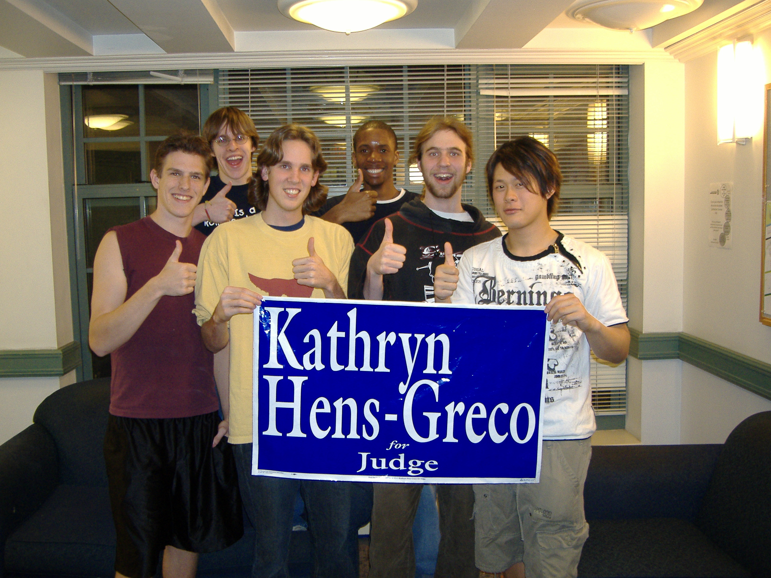 A group of enthusiastic Kathryn Hens-Greco supporters in Carnegie Mellon University's Scobell House.
