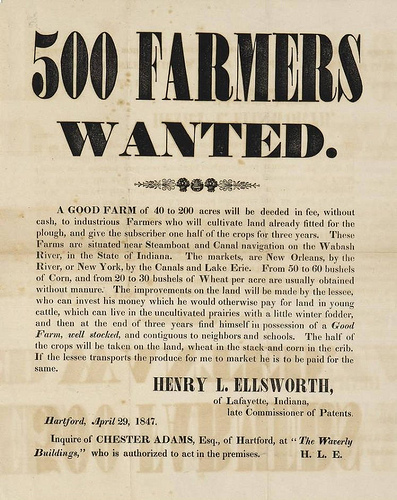 Broadsheet advertising plattes of farmland of 40â€“200 acres each, for sale by Henry Leavitt Ellsworth, former United States Commissioner of Patents. Lafayette, Indiana, 1847