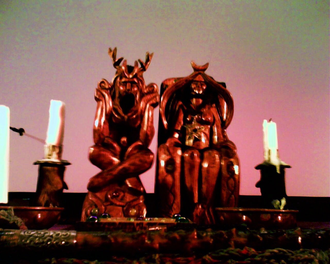 A Wiccan altar belonging to Doreen Valiente, displaying the Wiccan view of [...] duality in divinity.