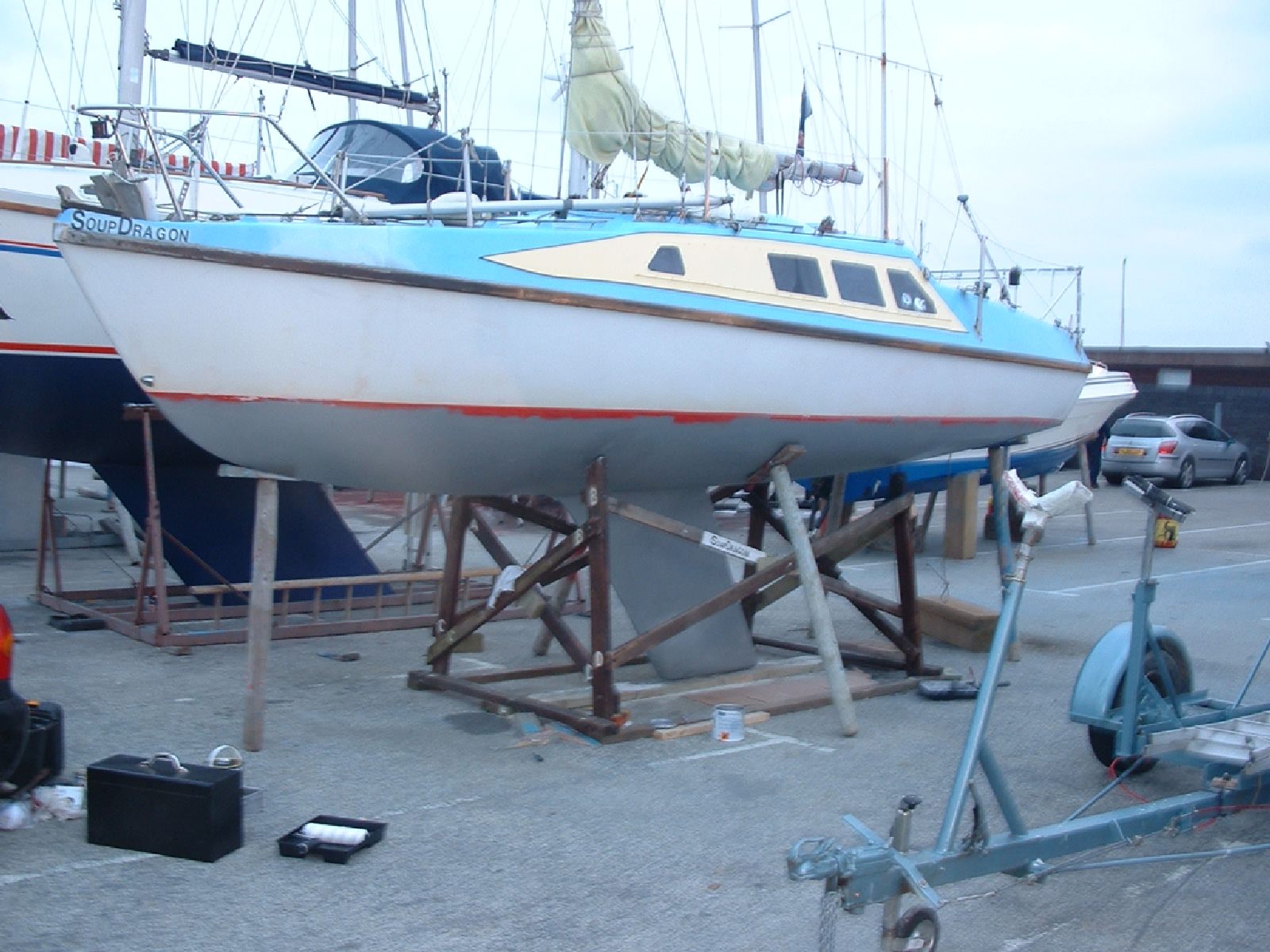 An Eclipse undergoing winter maintenance. Note the slight 'bulb' on the bottom of the keel, a feature typical of many racing yachts.