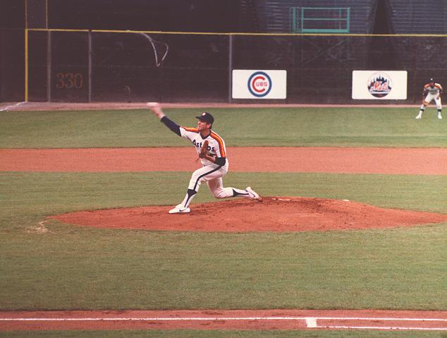 Nolan Ryan in 1983, wearing a later version of the Rainbow Guts uniform, with the rainbow stripes moved to the shoulders and the outside of the sleeves. Nolan Ryan in 1983, wearing a later version of the Rainbow Guts uniform, with the rainbow stripes moved to the shoulders and the outside of the sleeves.