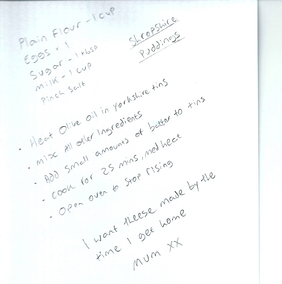 A mother has scribbled the recipe on an old envelope