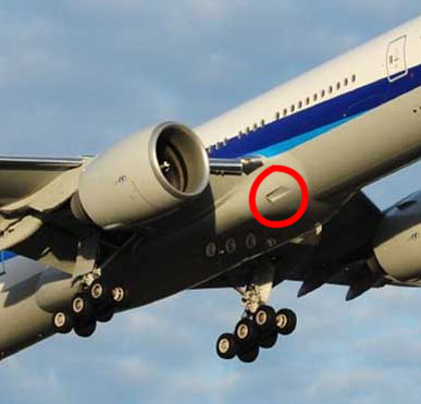 The air driven unit (ADU) access door on a typical [http://upload.wikimedia.org/wikipedia/commons/1/1d/All_Nippon_Airways_B777-300ER_JA784A.jpg| Boeing 777] (not the actual aircraft involved in the incident)