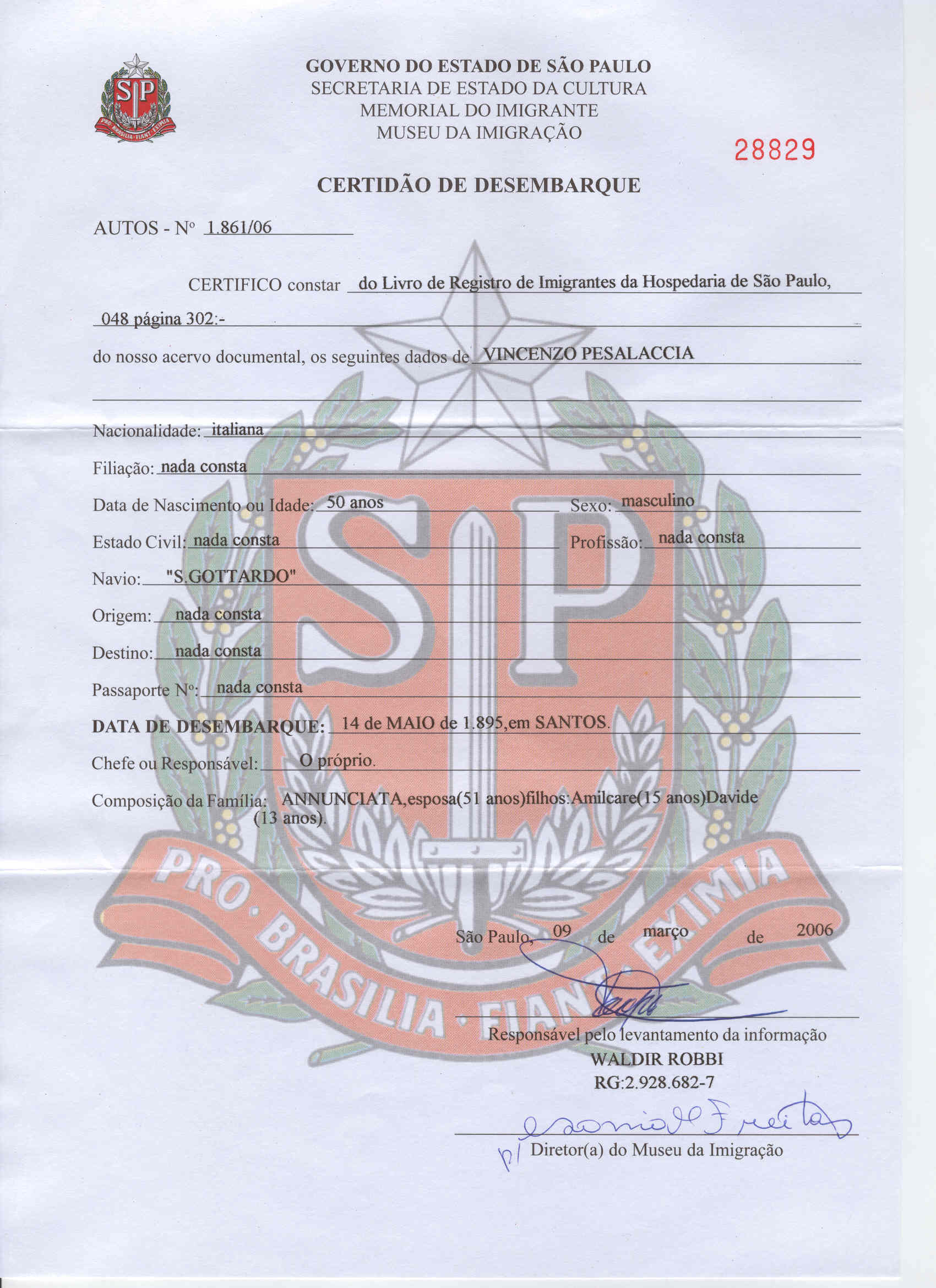 Certidao de Desembarque - Vincenzo Pesalaccia e Familia Certidao de Desembarque - Vincenzo Pesalaccia e Familia