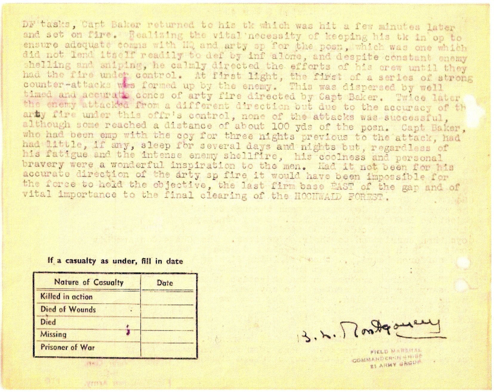 Military Cross (1945) - Clifford Roy Baker02|The second page of the Military Cross citation presented to Capt. Clifford Roy Baker in 1945 and signed by Field Marshal Montgomery.
