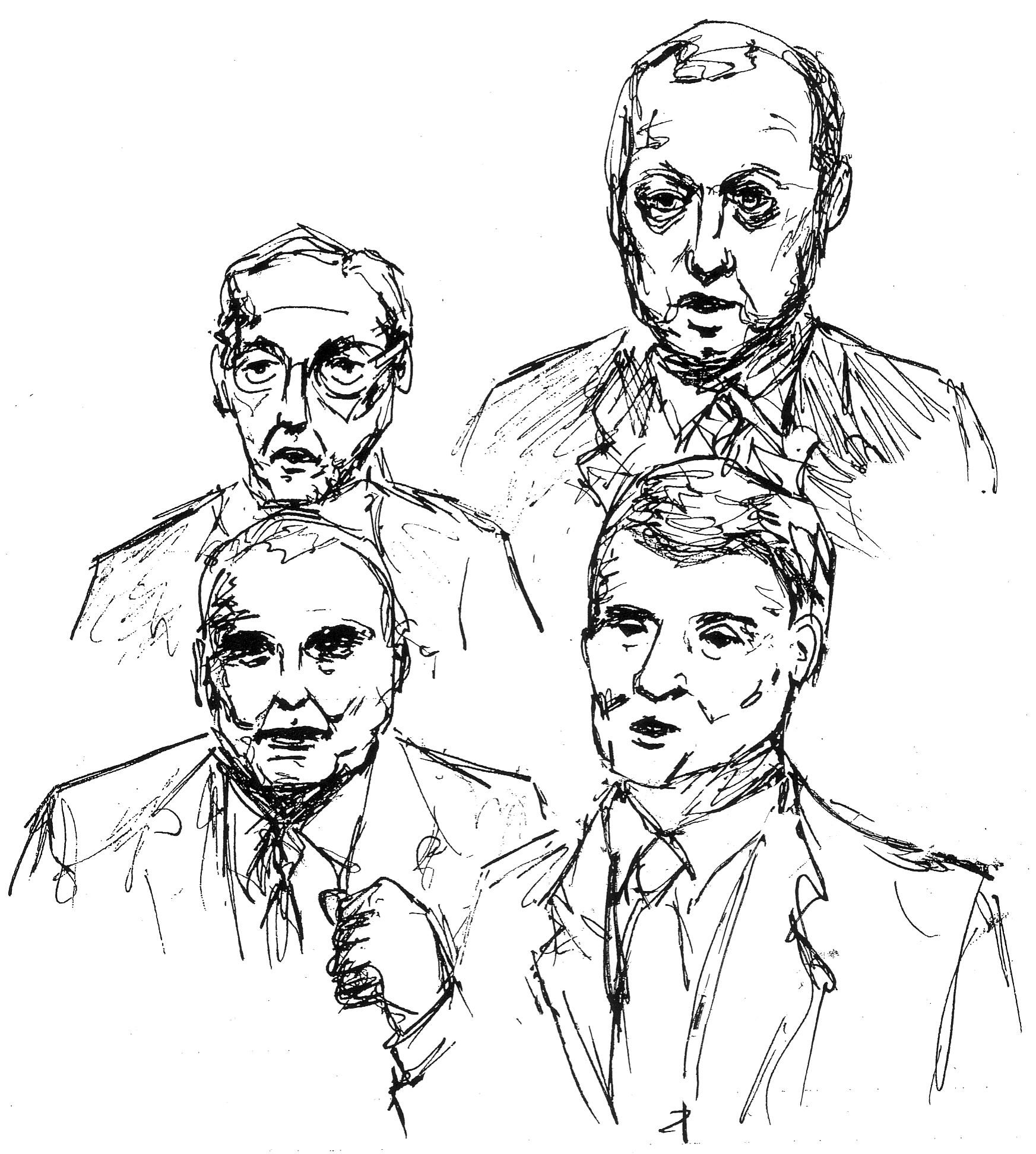 Sketch of all four of the Pennsylvania 2002 Gubernatorial candidates. Clockwise from bottom right: Ken V. Krawchuk (Libertarian), Edward G. Rendell (Democrat), D. Michael Fisher (Republican), and Michael Morrill (Green). The sketch was drawn on election night by Krawchuk's eldest daughter, 25-year-old Melanie Nancy Krawchuk.