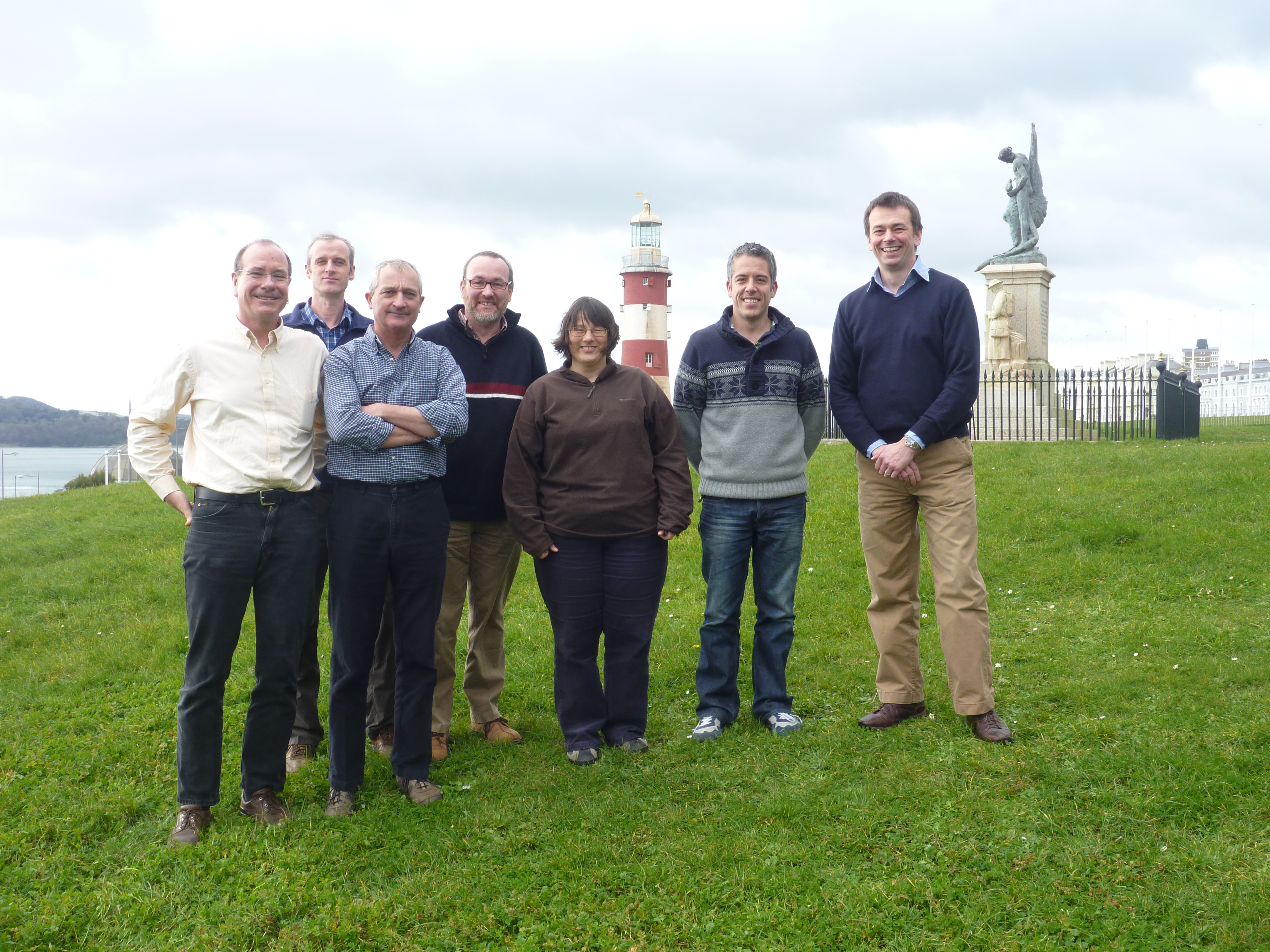 Left to right: Dr Dan Conley (UoP), Dr Stephen Cotterell (MBA), Dr Julian Metcalf (CEFAS), Dr Michael Bell (ICIT), Dr Mel Austin (PML), Dr Matthew Witt (UoE), Prefessor David Sims (MBA).
